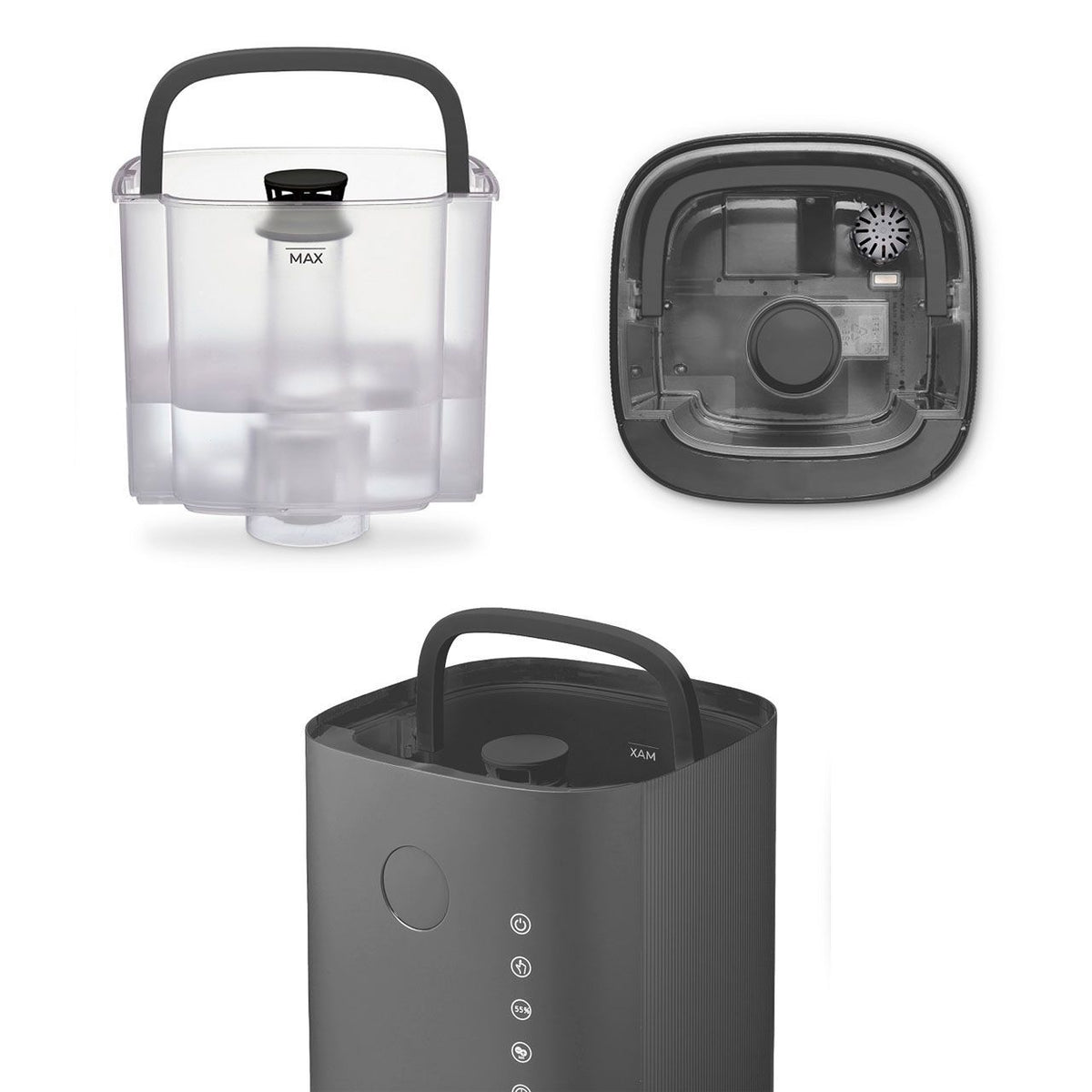 Clean Air Optima CA-605 Smart Luftbefeuchter, abnehmbarer Wassertank mit MAX-Markierung und Bodenansicht mit Ventilator