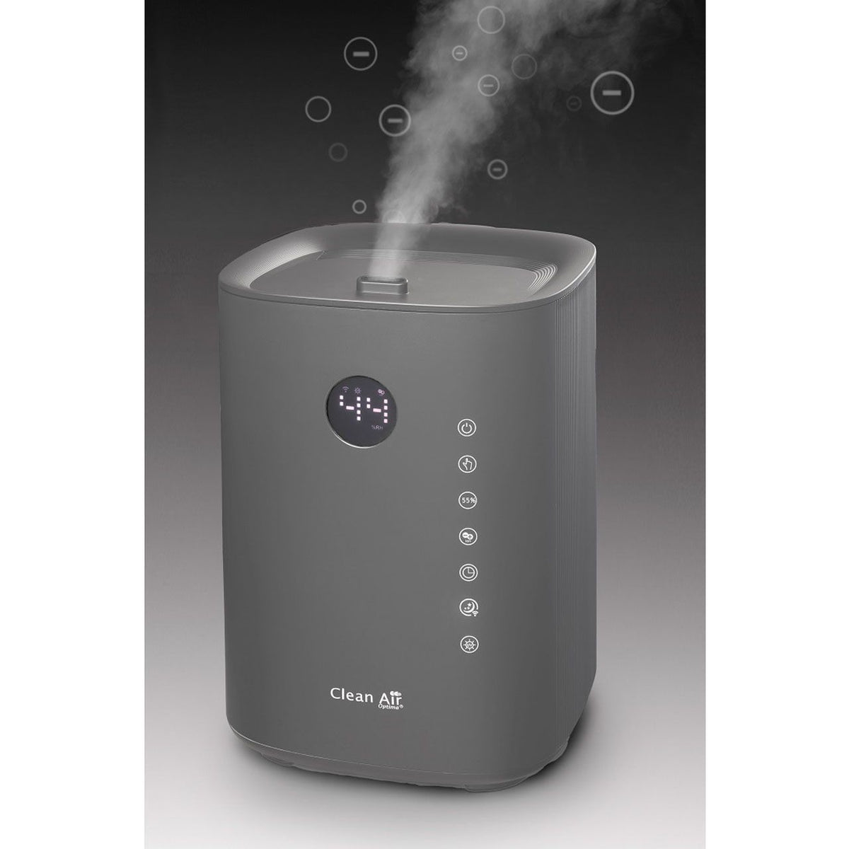 Clean Air Optima CA-605 Smart Luftbefeuchter in Titan mit aufsteigendem Wasserdampf und Bedienfeld