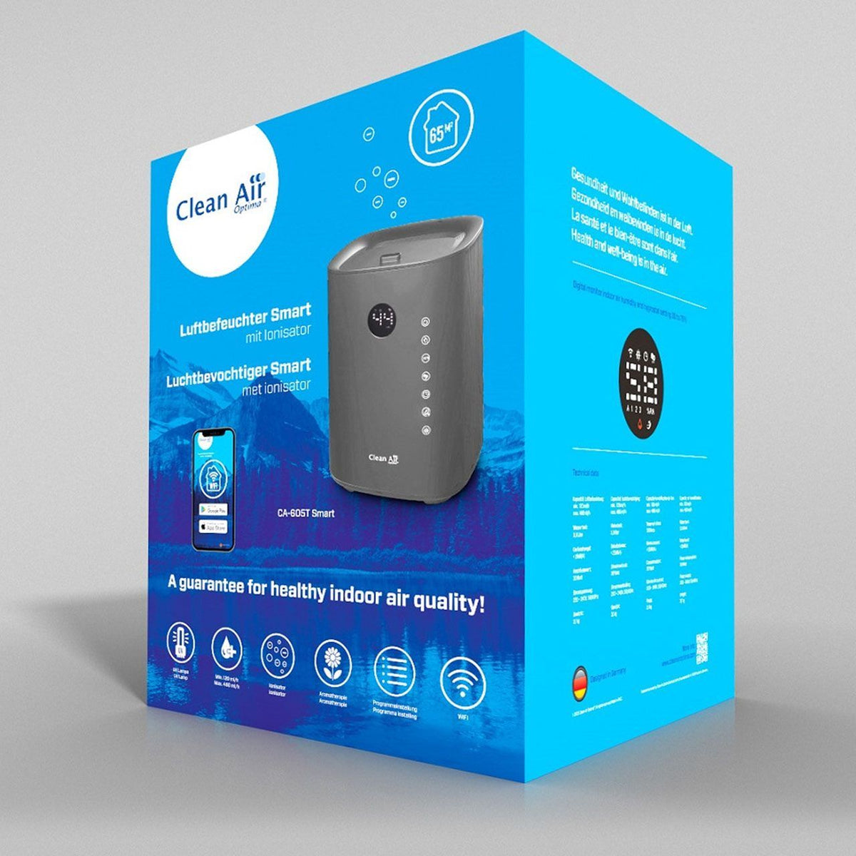 Verpackung des Clean Air Optima CA-605T Smart Luftbefeuchters mit Ionisator, Produktabbildung und Icons
