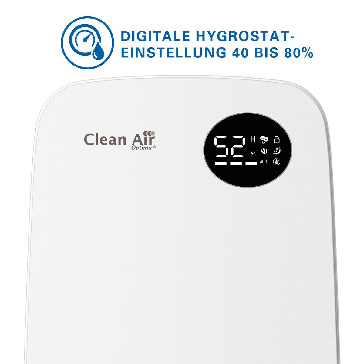Clean Air Optima Luftbefeuchter, Detail des Displays mit digitaler Hygrostat-Einstellung 40 bis 80%