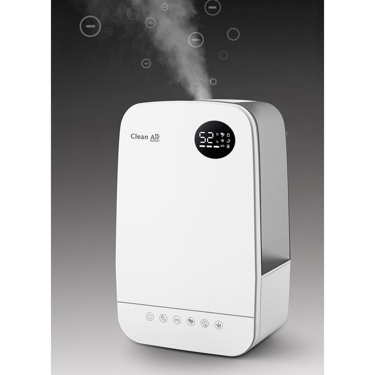 Clean Air Optima CA-606 Luftbefeuchter in Weiß mit aufsteigendem Dampf und digitalem Display bei 52%