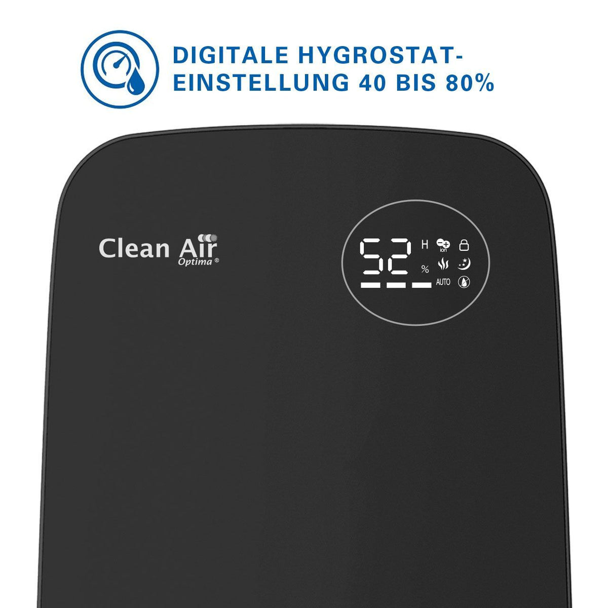 Nahaufnahme des digitalen Displays des Clean Air Optima CA-606 Luftbefeuchters, schwarz, Anzeige 52%
