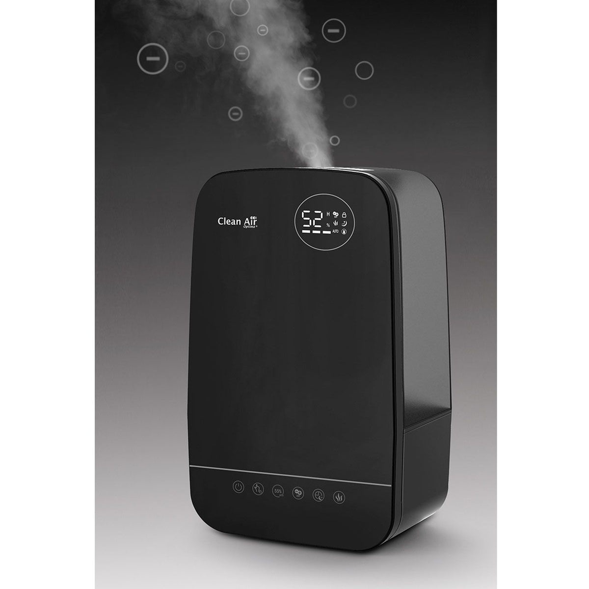Clean Air Optima CA-606 Luftbefeuchter schwarz mit aufsteigendem Dampf und Display-Anzeige „52“
