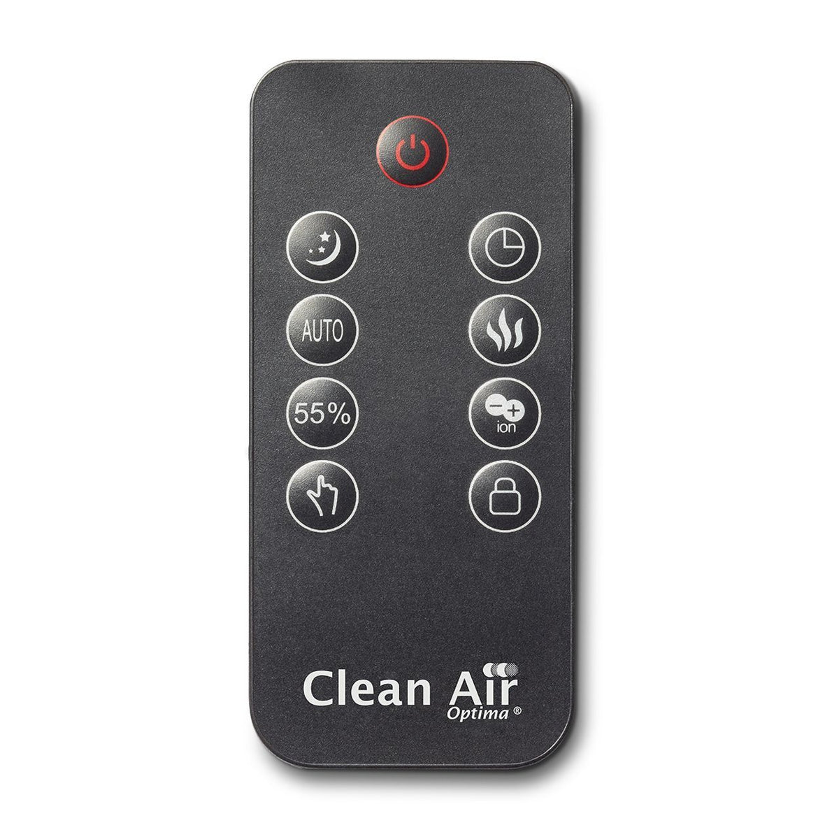 Fernbedienung des Clean Air Optima CA-606 Luftbefeuchters, schwarz, mit Funktionstasten und Logo