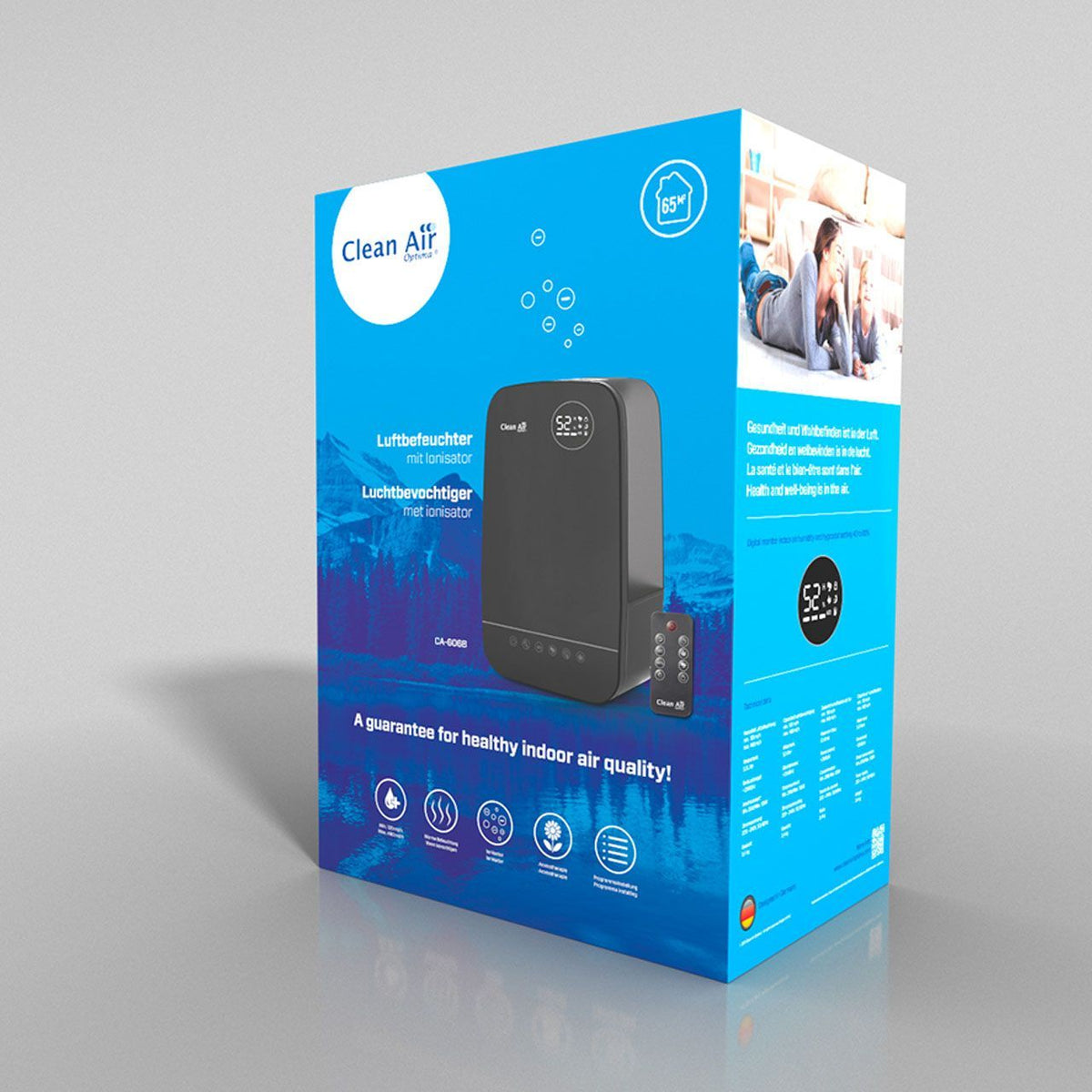 Verpackung des Clean Air Optima CA-606 Luftbefeuchters mit Ionisator in Schwarz
