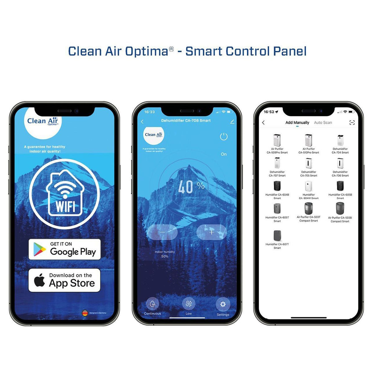Drei Smartphones zeigen die Clean Air Optima App: Startbildschirm, Steuerung des Luftentfeuchters CA-708 Smart und Geräteauswahl