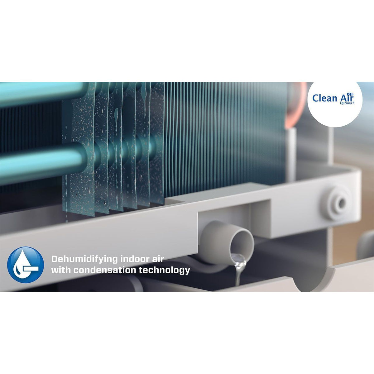 Grafik der Kondensationstechnologie im Clean Air Optima CA-708 Luftentfeuchter mit Verdunstung und Wassertropfen