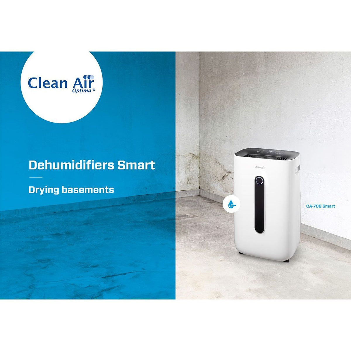 Clean Air Optima CA-708 Smart Luftentfeuchter, weiß, in feuchtem Kellerraum mit Grafik „Dehumidifiers Smart“