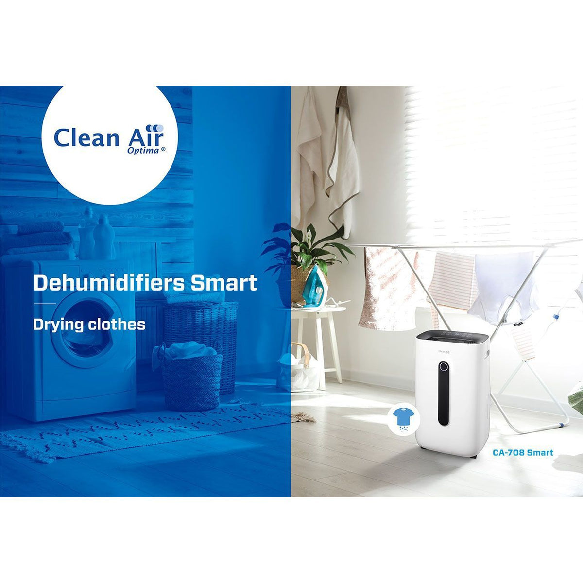 Clean Air Optima CA-708 Smart Luftentfeuchter, weiß, neben Wäscheständer im Waschraum