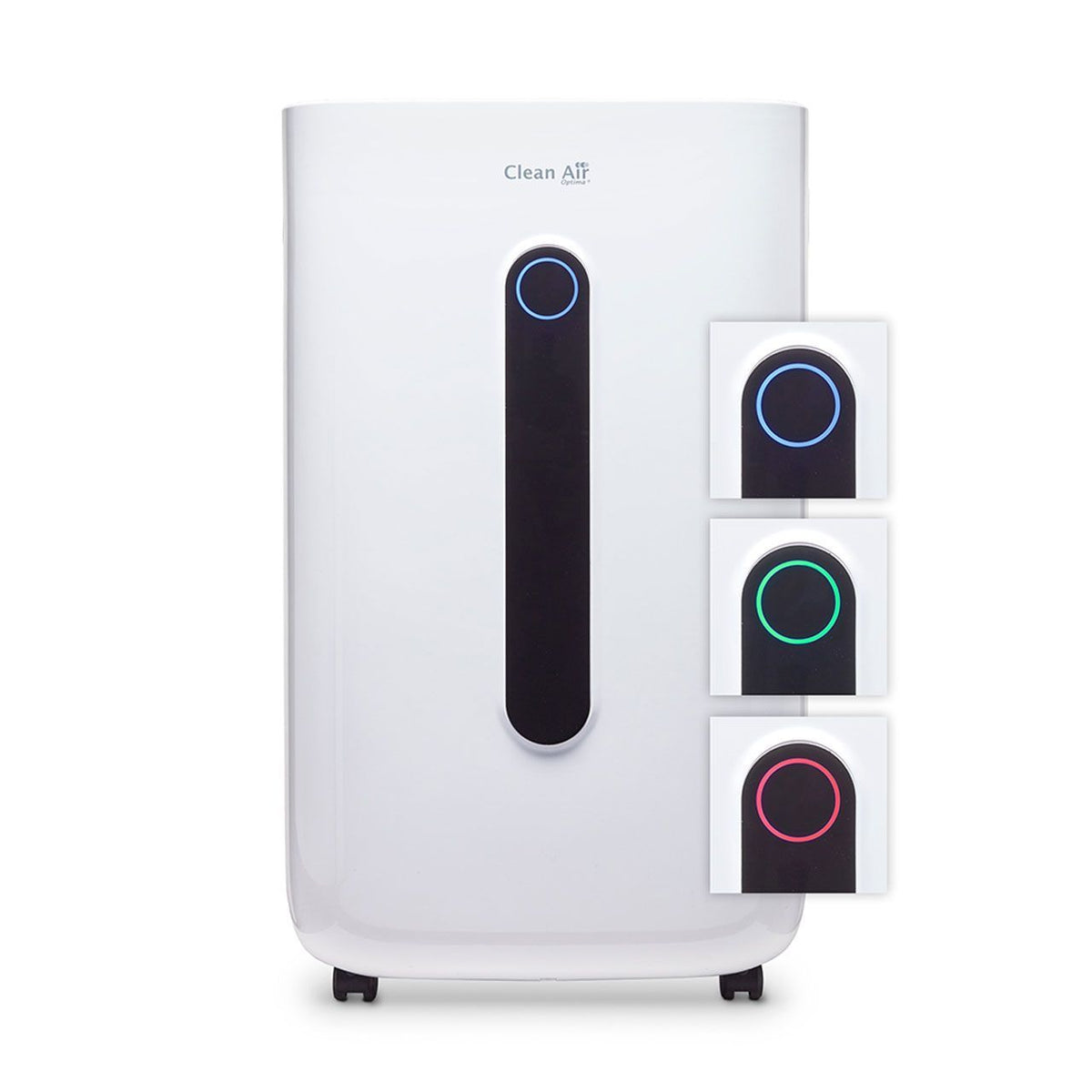 Clean Air Optima CA-705 Luftentfeuchter, weiß, mit Detailansichten des Bedienrings in Blau, Grün und Rot
