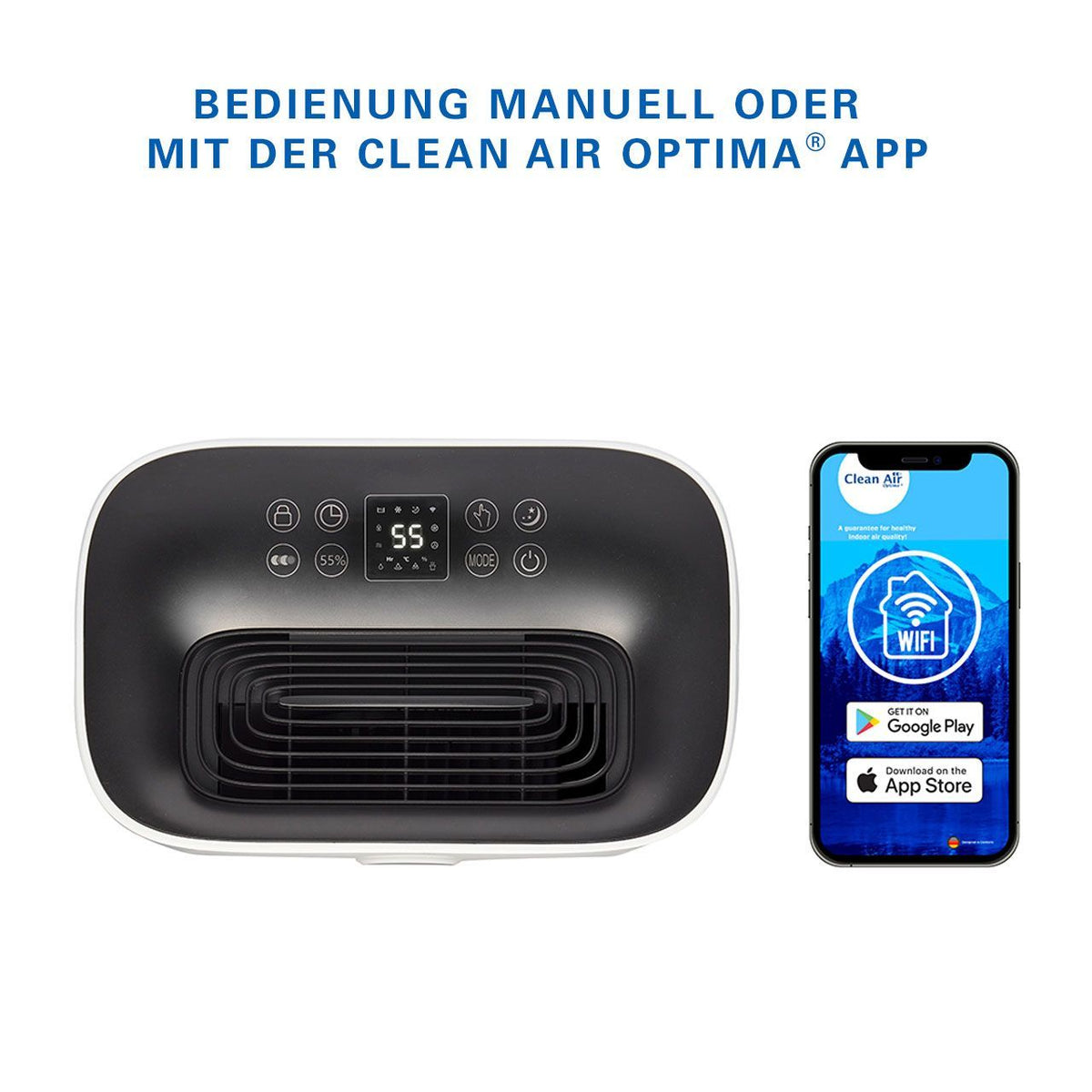 Clean Air Optima CA-705 Luftentfeuchter mit Bedienfeld neben Smartphone mit Clean Air Optima App