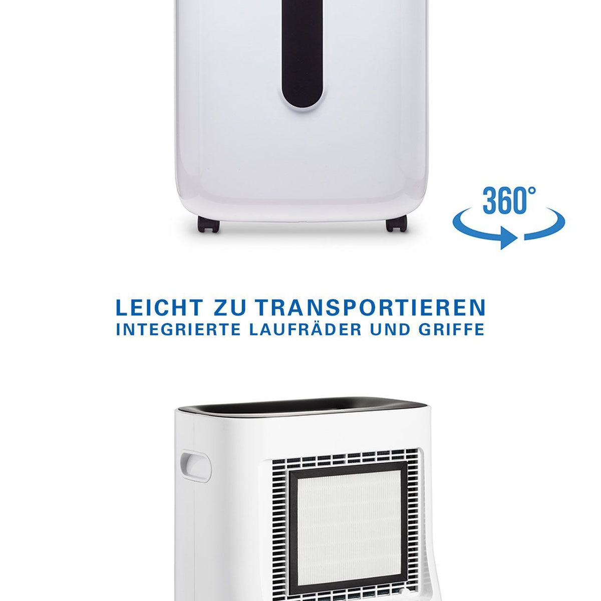 Clean Air Optima CA-705 Luftentfeuchter, Detail Rollen und Filtergitter, Grafik „360°“ und „Leicht zu transportieren“