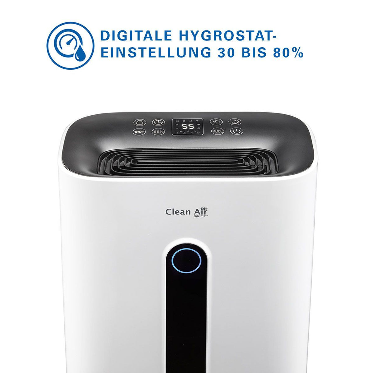 Clean Air Optima Luftentfeuchter, Nahaufnahme des Bedienfelds mit digitaler Hygrostat-Anzeige „55%“, Grafik zur Einstellung 30 bis 80%