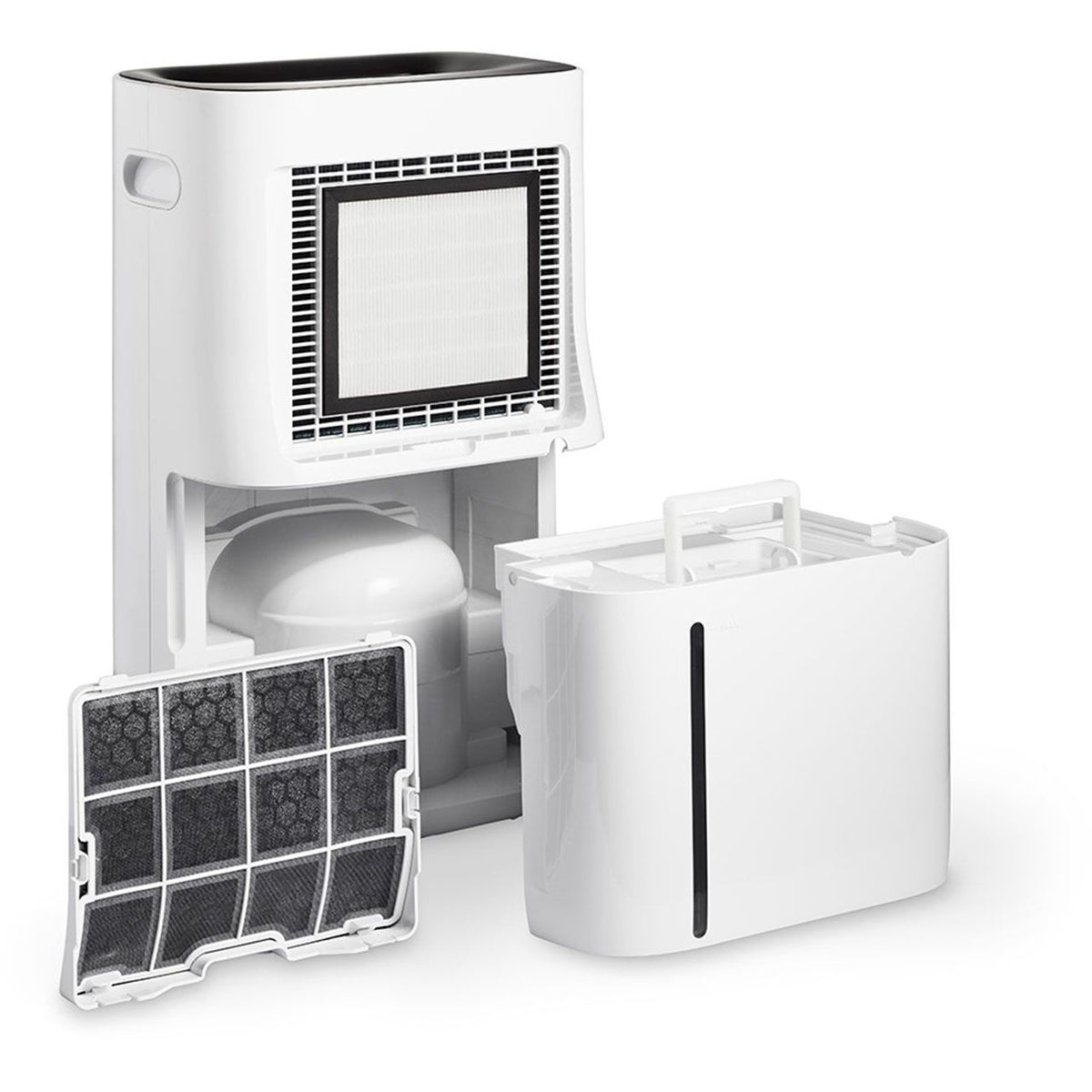 Clean Air Optima CA-708 Luftentfeuchter mit ausgebautem Aktivkohlefilter und Wassertank, Einzelteile-Ansicht