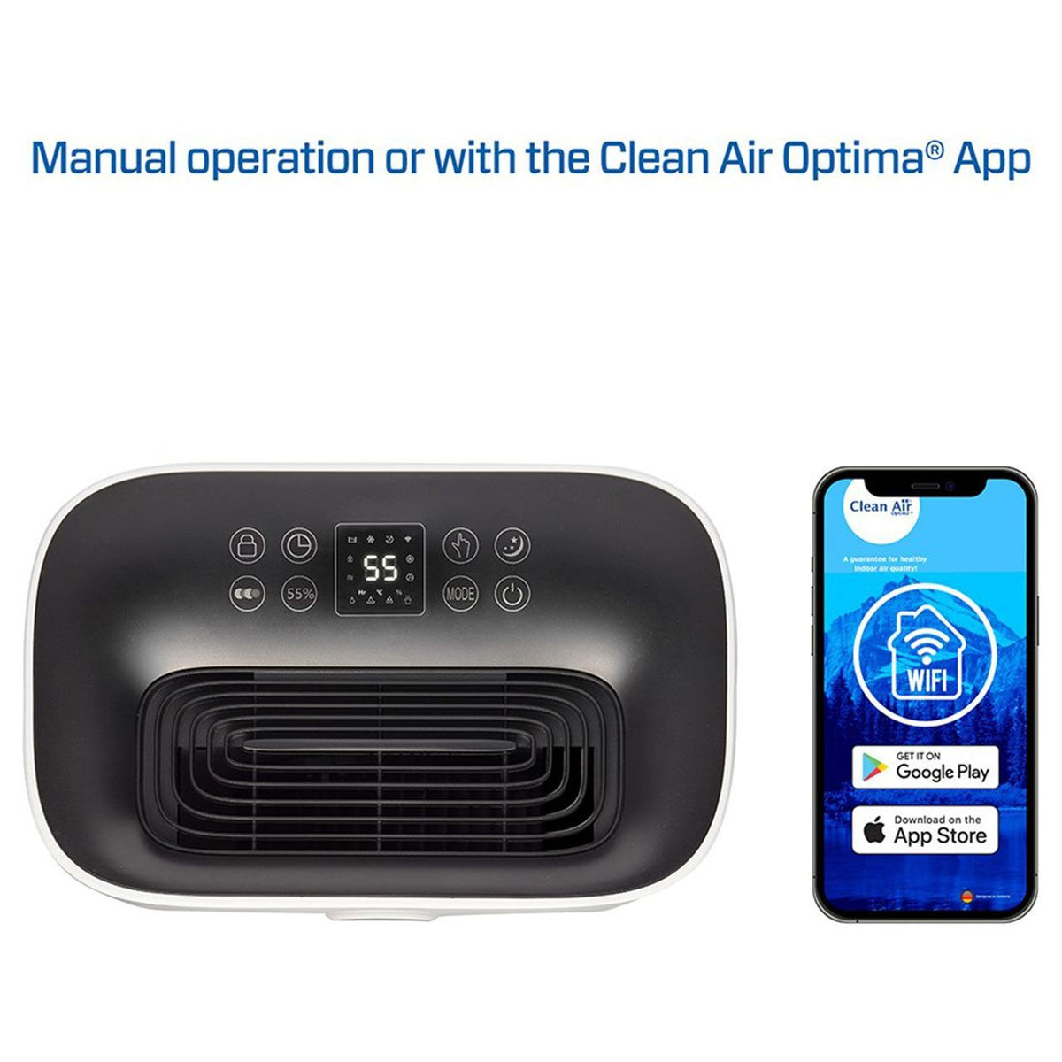 Clean Air Optima CA-708 Luftentfeuchter mit Bedienfeld und Smartphone mit Clean Air Optima App