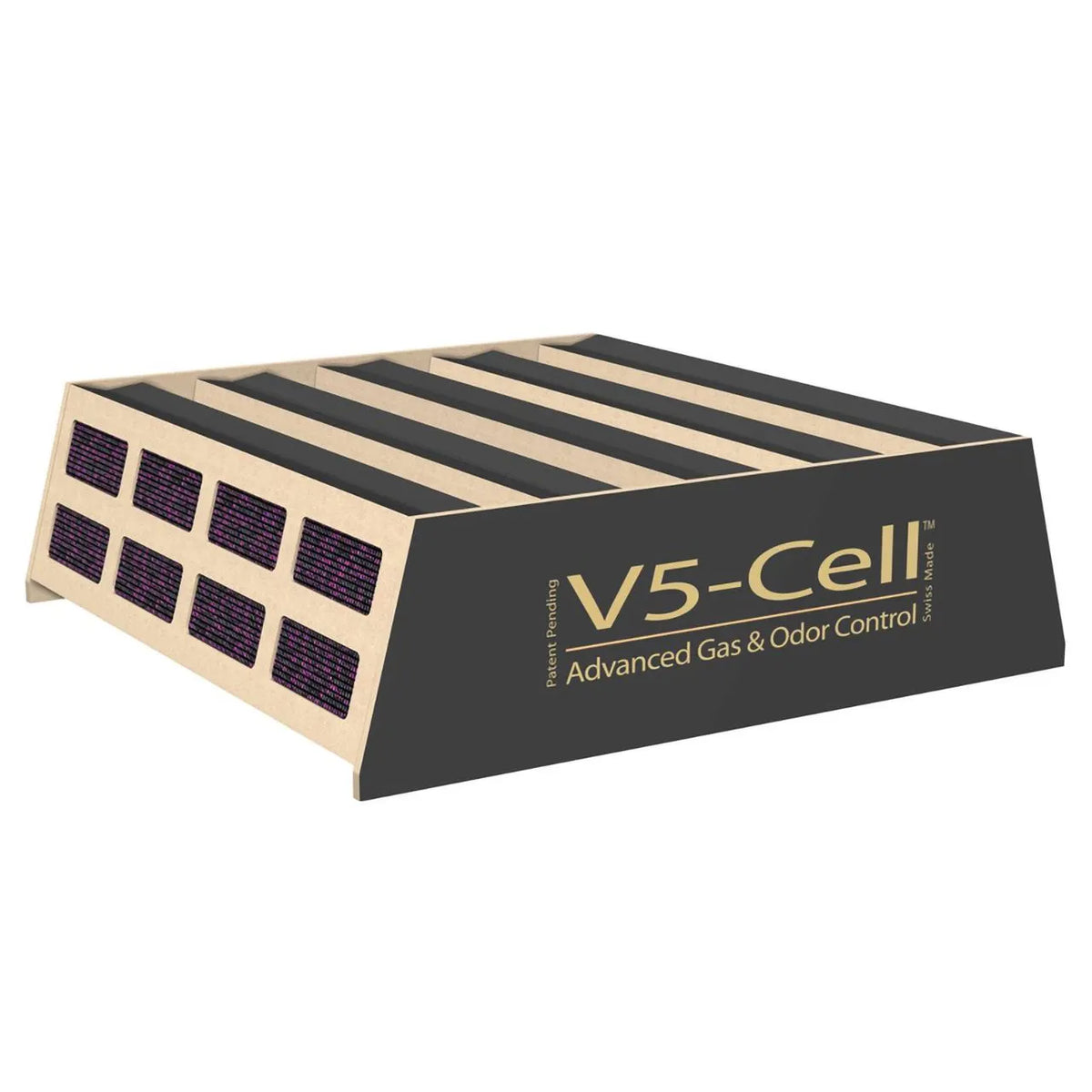 IQAir V5-Cell Filterkassette für HealthPro 250 NE, Schrägansicht mit Wabenstruktur für Gas- und Geruchskontrolle