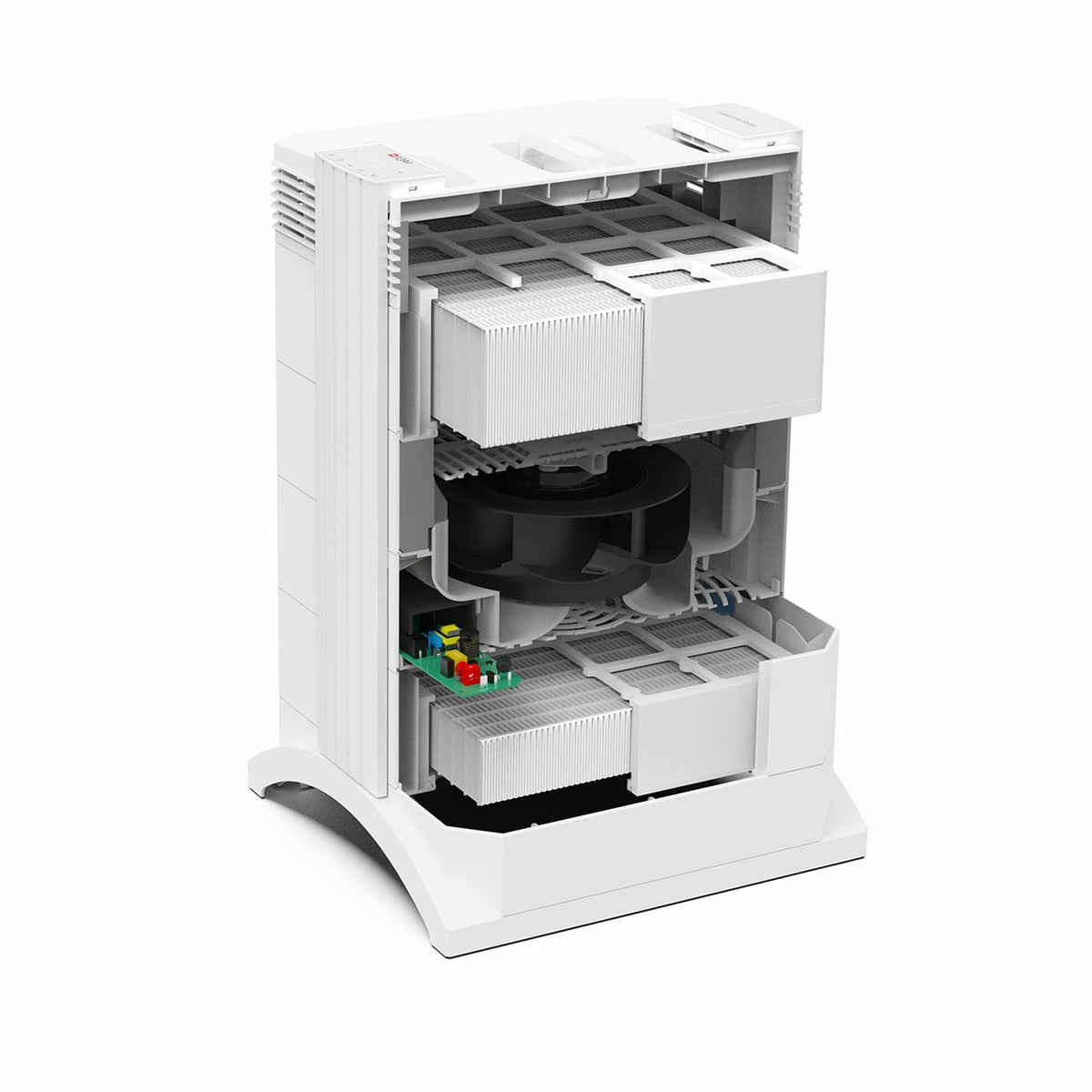 IQAir HealthPro 100 XE Luftreiniger, weiß, Querschnitt mit Filterlagen und Ventilator im Innenraum