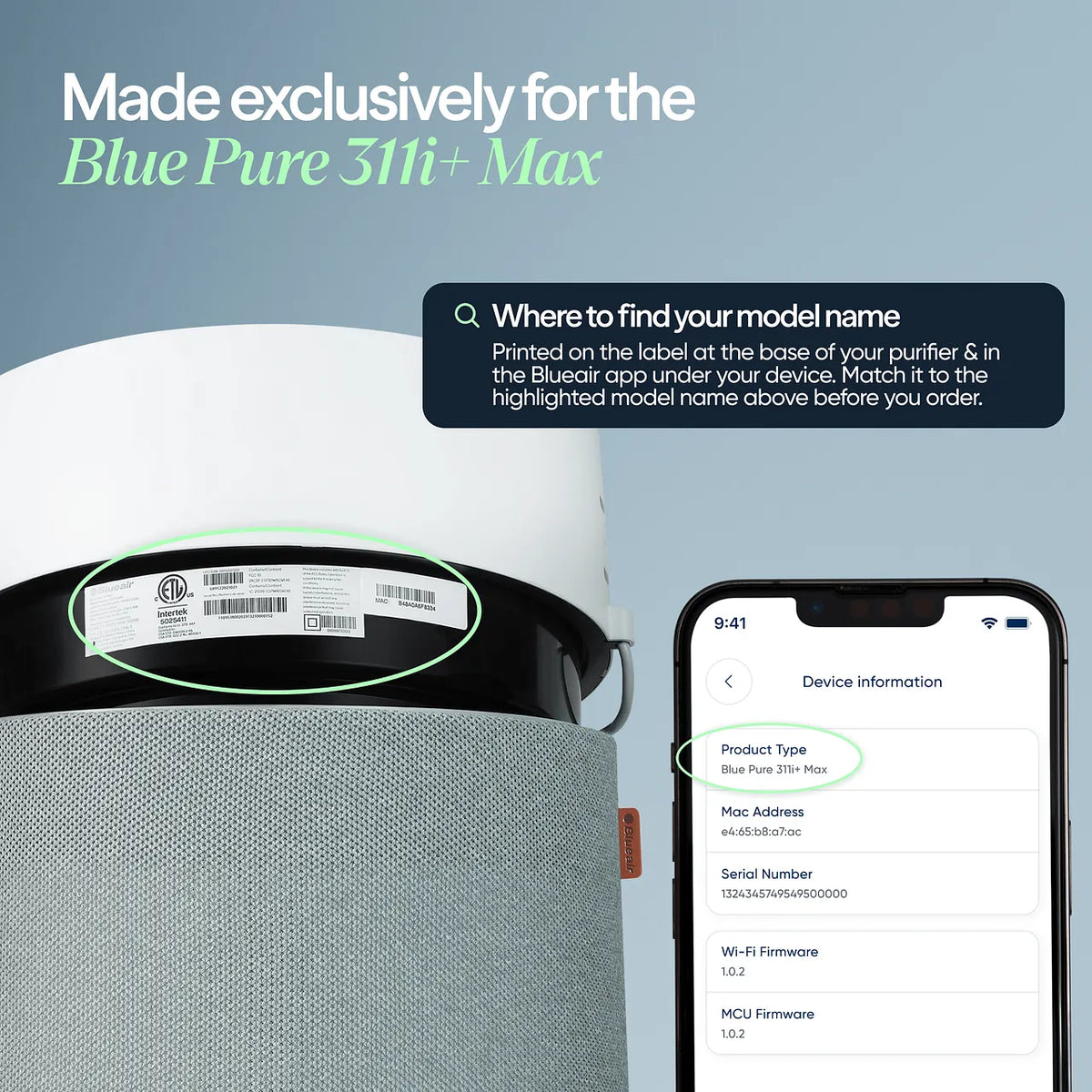 Grafik zeigt Blueair Luftreiniger-Etikett am Gerätesockel und App-Anzeige „Product Type Blue Pure 311i+ Max“