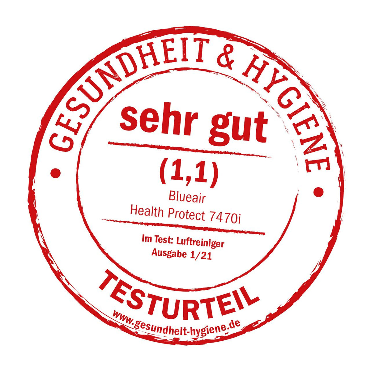 Testsiegel „Gesundheit & Hygiene“ sehr gut (1,1) für Blueair Health Protect 7470i, Testurteil Luftreiniger