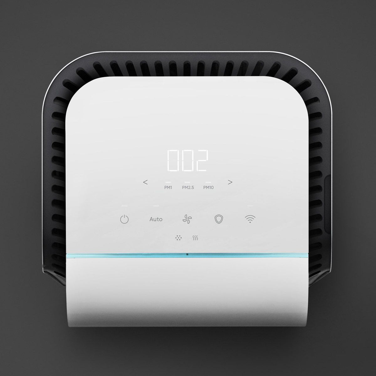 Blueair HealthProtect 7740i Luftreiniger, weiß, Draufsicht mit Display, Luftqualitätsanzeige und Touch-Bedienfeld
