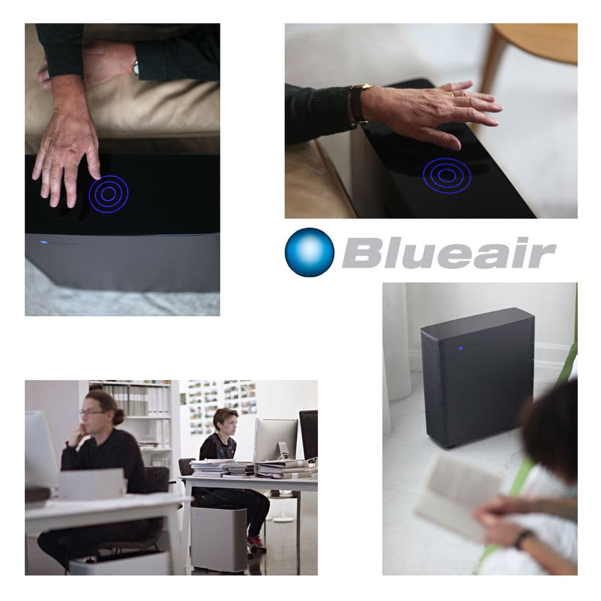 Bildcollage Blueair Sense Luftreiniger: Touch-Bedienfeld, Logo und Einsatz im Büro- und Wohnraum
