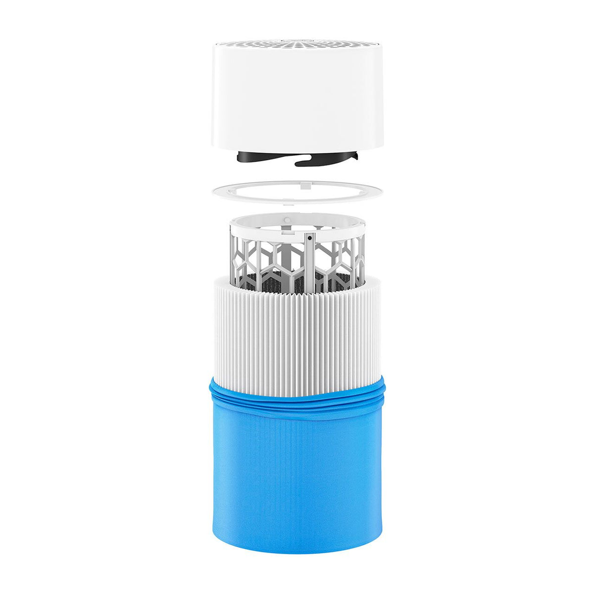 Blueair Blue Pure 411/Joy S Ersatzfilter, Explosionsdarstellung mit Gehäusedeckel, Filter und blauer Hülle