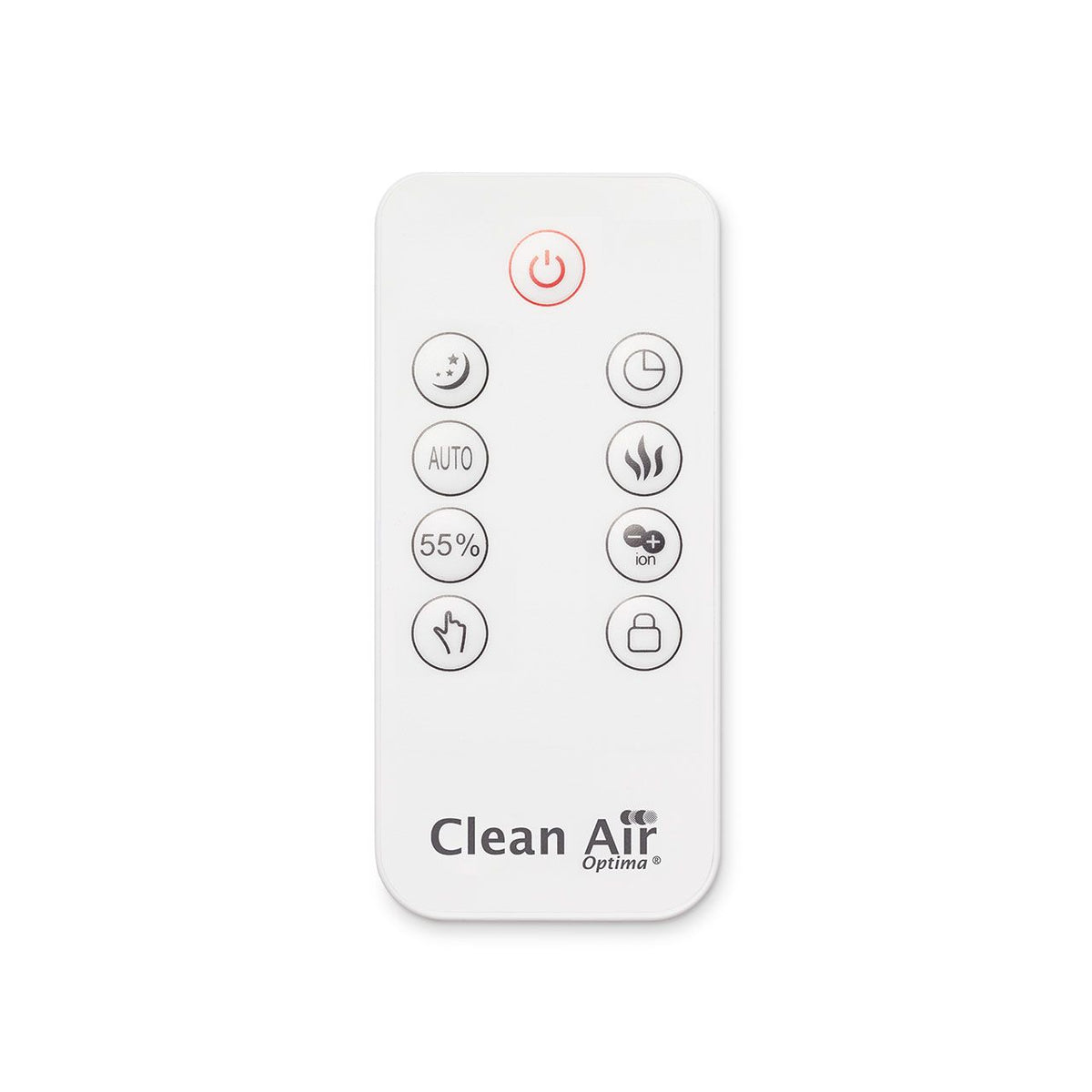 Weiße Fernbedienung des Clean Air Optima® CA-606 Luftbefeuchters mit Tasten für Auto, Timer, Ionisierung und Kindersicherung