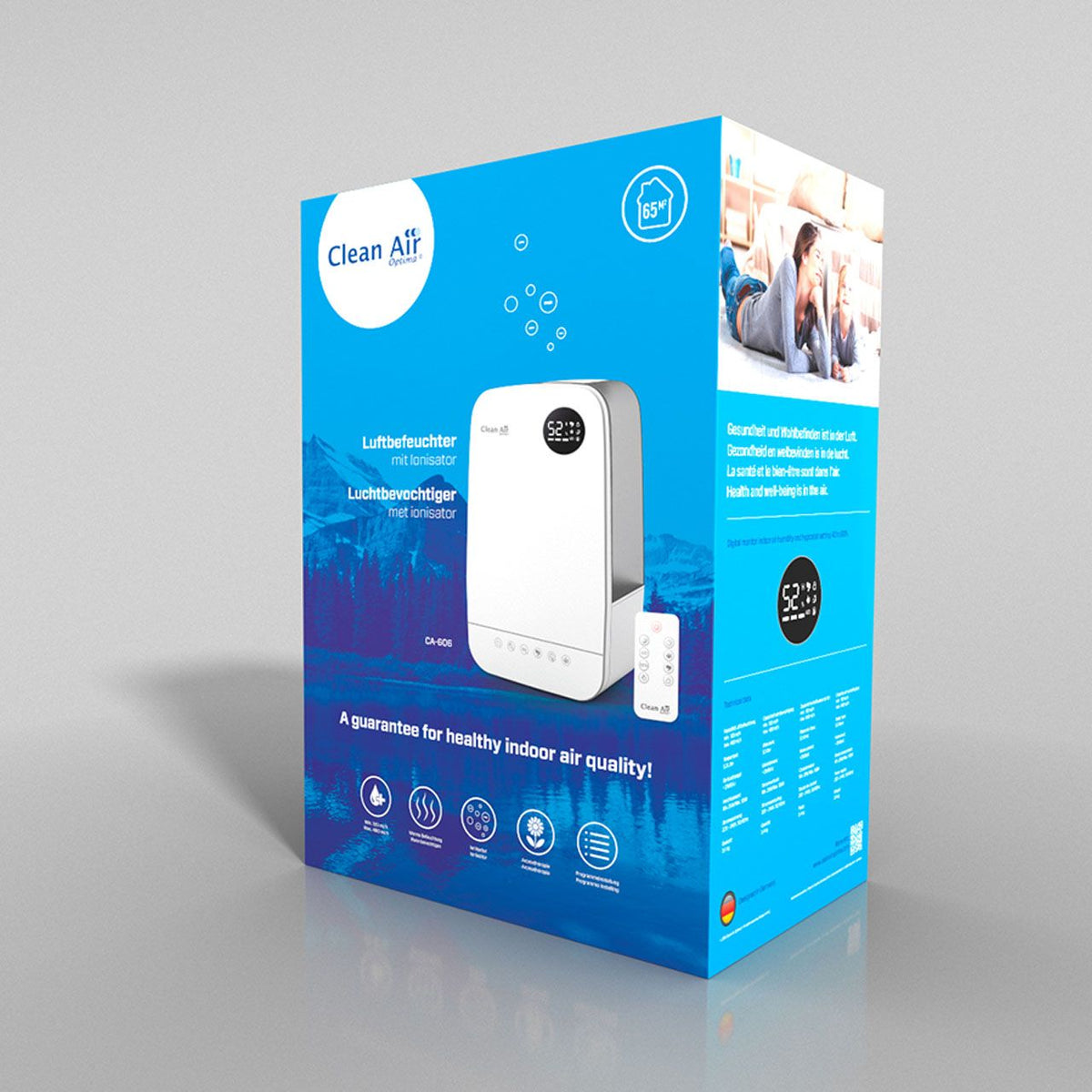 Verpackung des Clean Air Optima CA-606 Luftbefeuchters mit Ionisator, weißes Gerät und Fernbedienung abgebildet
