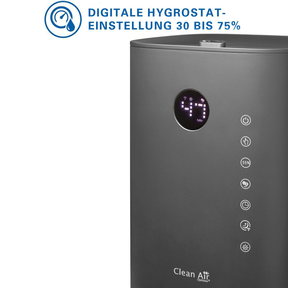 Nahaufnahme des Bedienfelds des Clean Air Optima CA-605 Luftbefeuchters in Titan mit Display und Hygrostat-Grafik 30 bis 75%