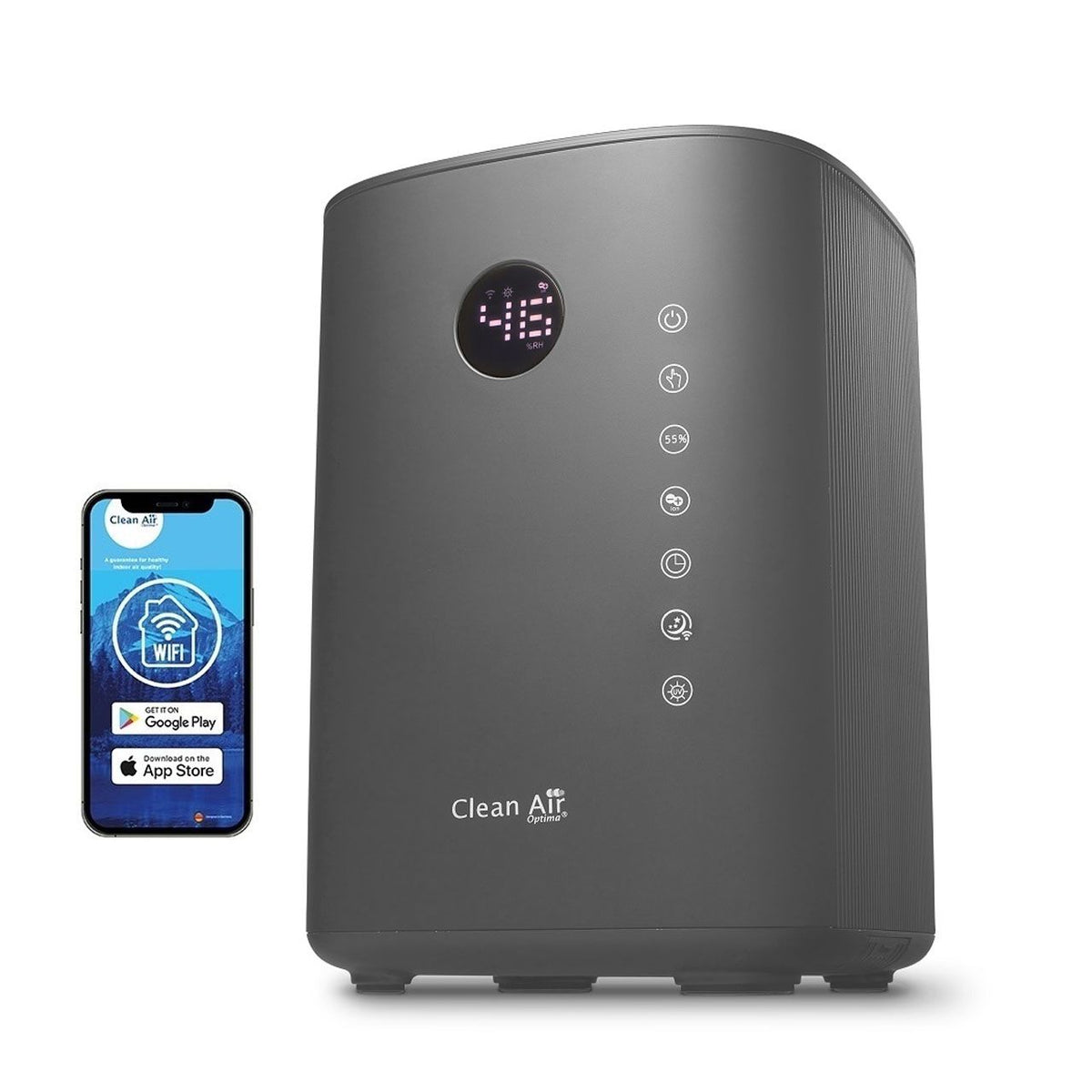 Clean Air Optima CA-605 Smart Luftbefeuchter in Titan mit Display und Smartphone mit Clean Air App