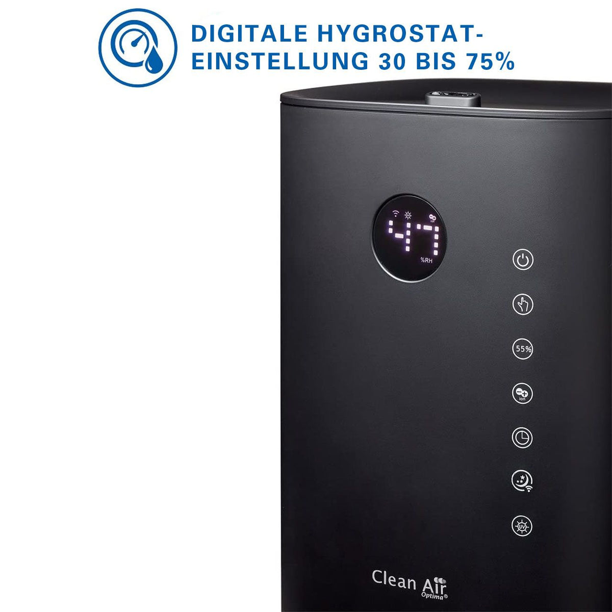 Clean Air Optima CA-605 Luftbefeuchter in Schwarz, Nahaufnahme des digitalen Bedienfelds mit Hygrostat-Anzeige