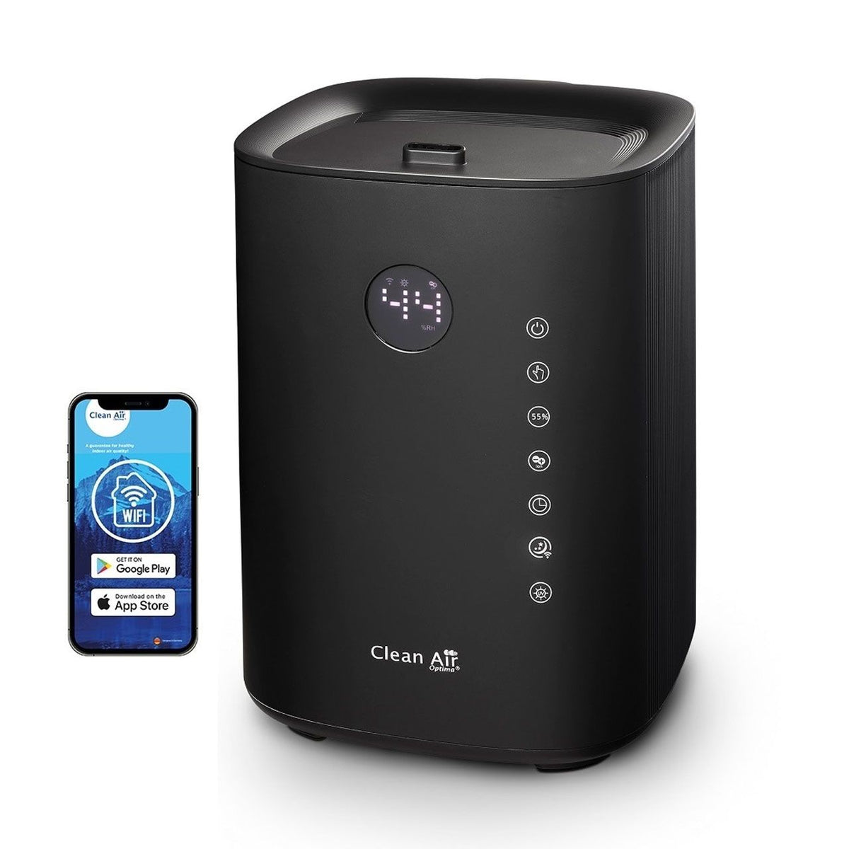 Clean Air Optima CA-604 Smart Luftbefeuchter in Schwarz mit Display, daneben Smartphone mit WiFi-App-Anzeige