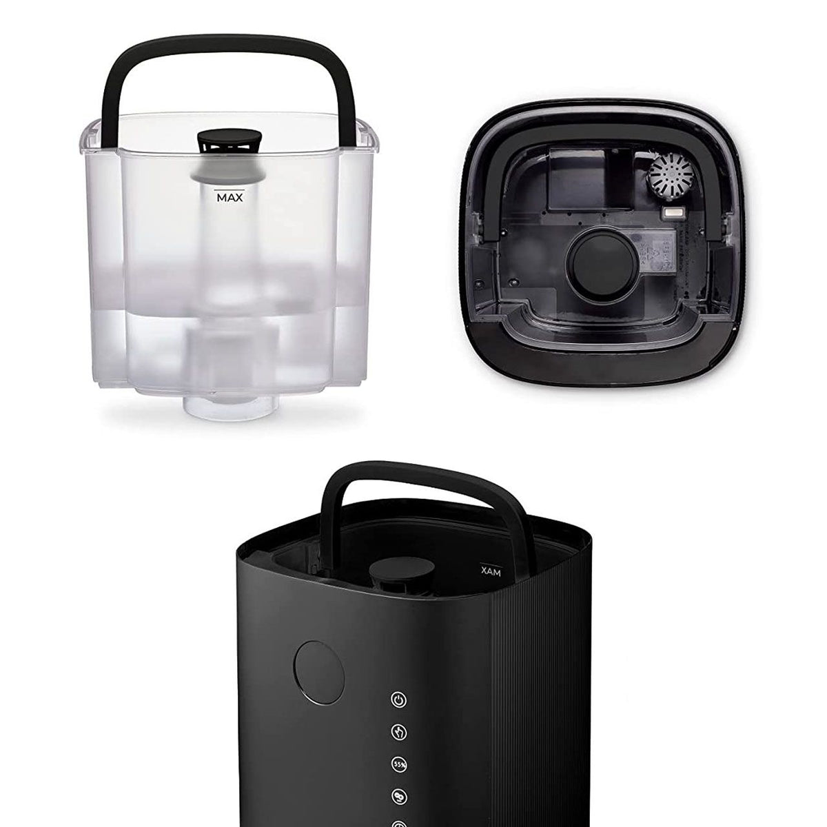 Clean Air Optima CA-604 Luftbefeuchter, schwarz: abnehmbarer Wassertank mit MAX-Markierung, Gerätesockel von unten und Gesamtansicht mit Bedienfeld