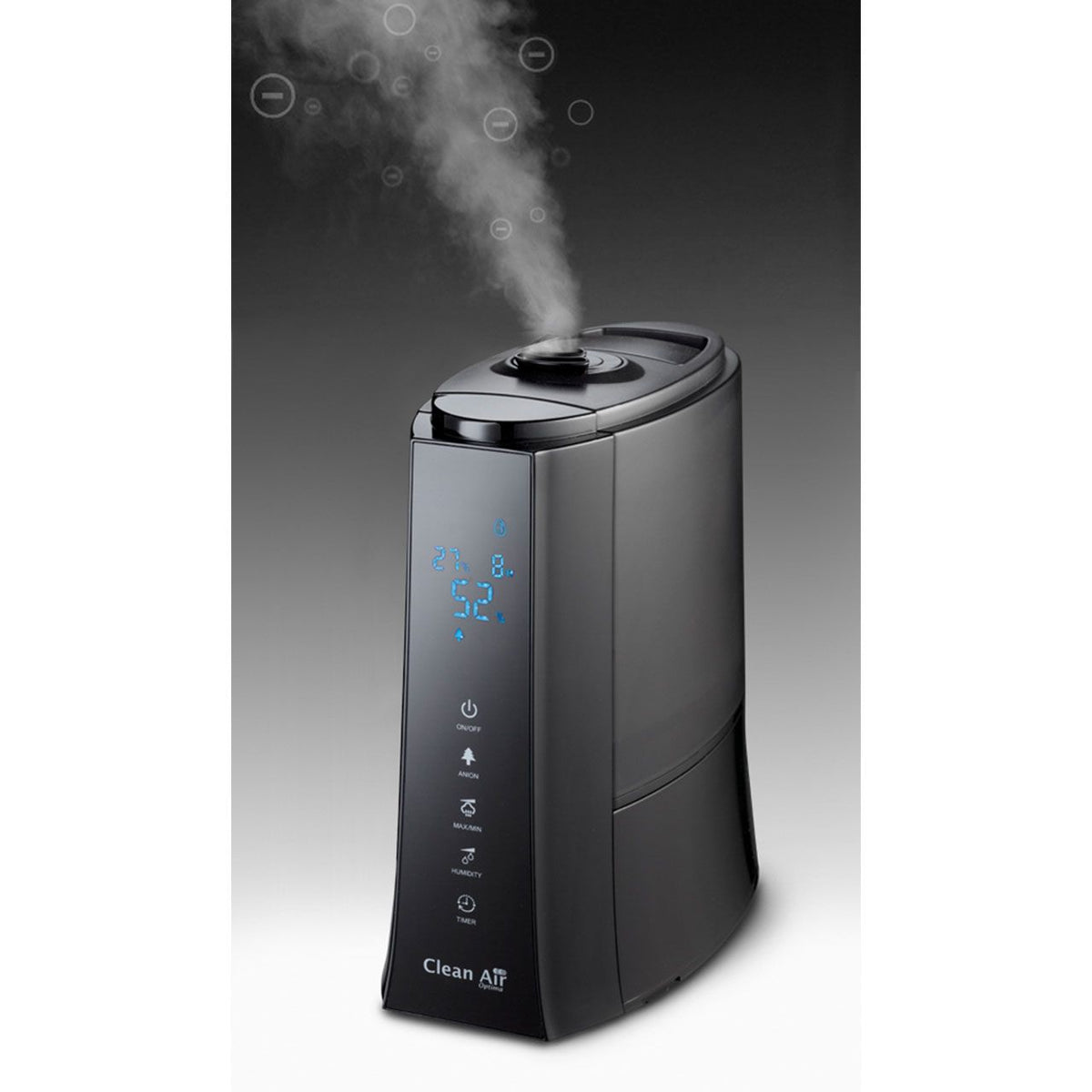 Clean Air Optima CA-603 Luftbefeuchter in Schwarz mit Display und aufsteigendem Dampf