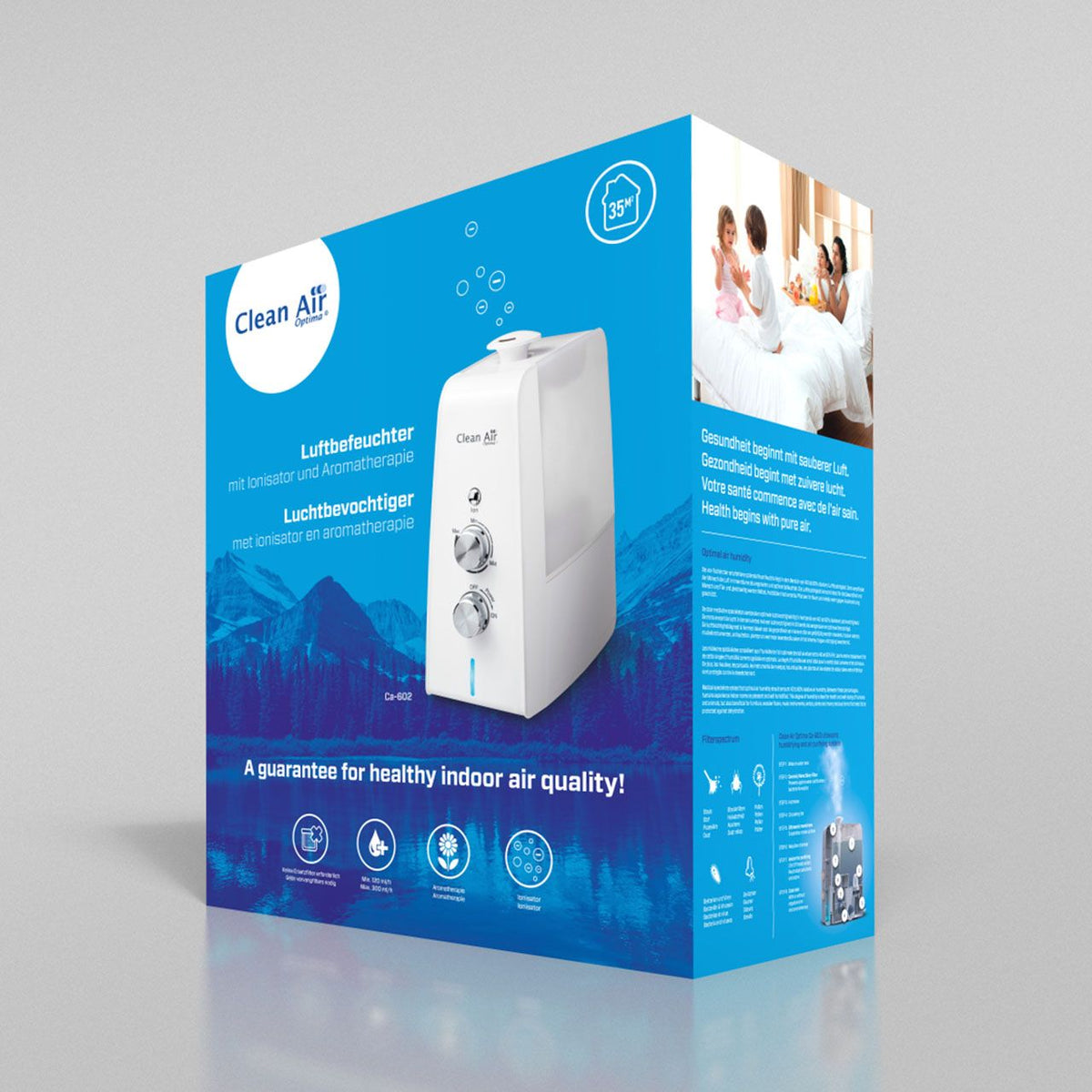Verpackung des Clean Air Optima CA-602 Luftbefeuchters mit Ionisator und Aromatherapie, blaues Design