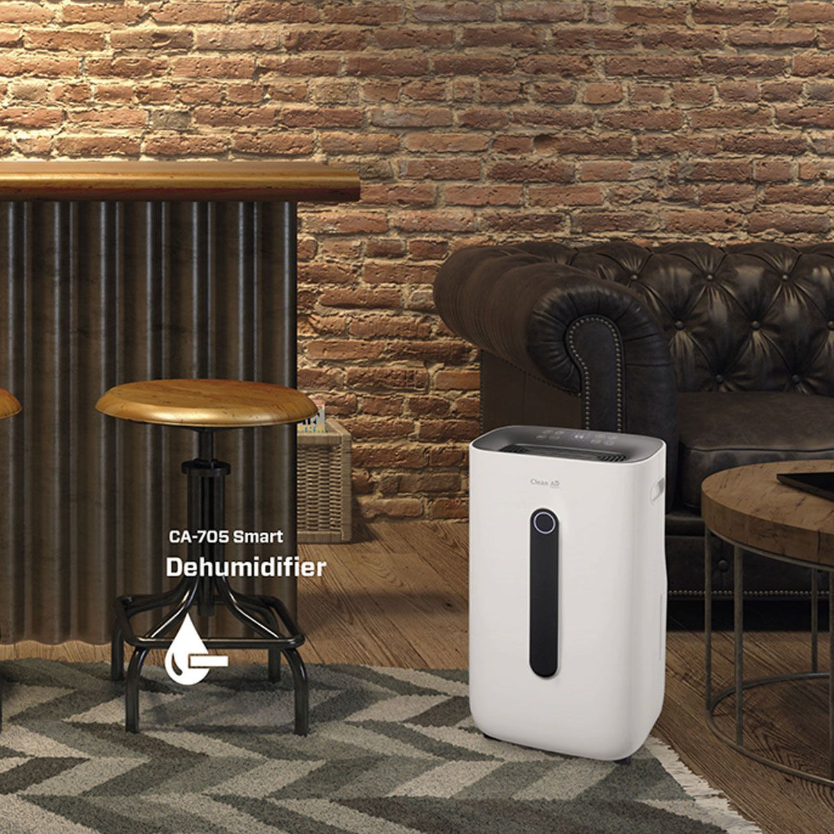 Clean Air Optima CA-705 Smart Luftentfeuchter in Weiß, aufgestellt in einem Loft-Wohnzimmer