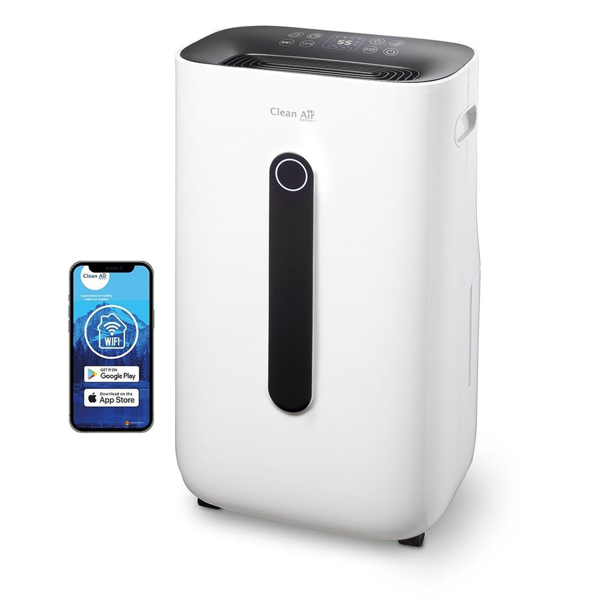 Clean Air Optima CA-706 Smart Luftentfeuchter in Weiß mit Bedienfeld, daneben Smartphone mit App