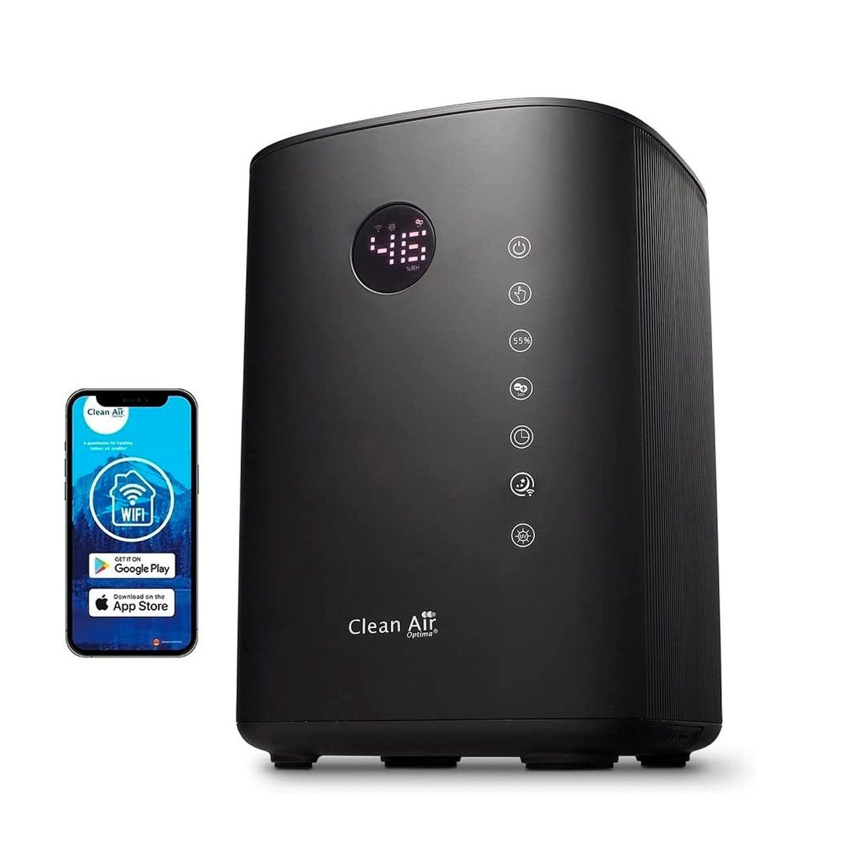 Clean Air Optima CA-605 Smart Luftbefeuchter in Schwarz mit Display, daneben Smartphone mit App