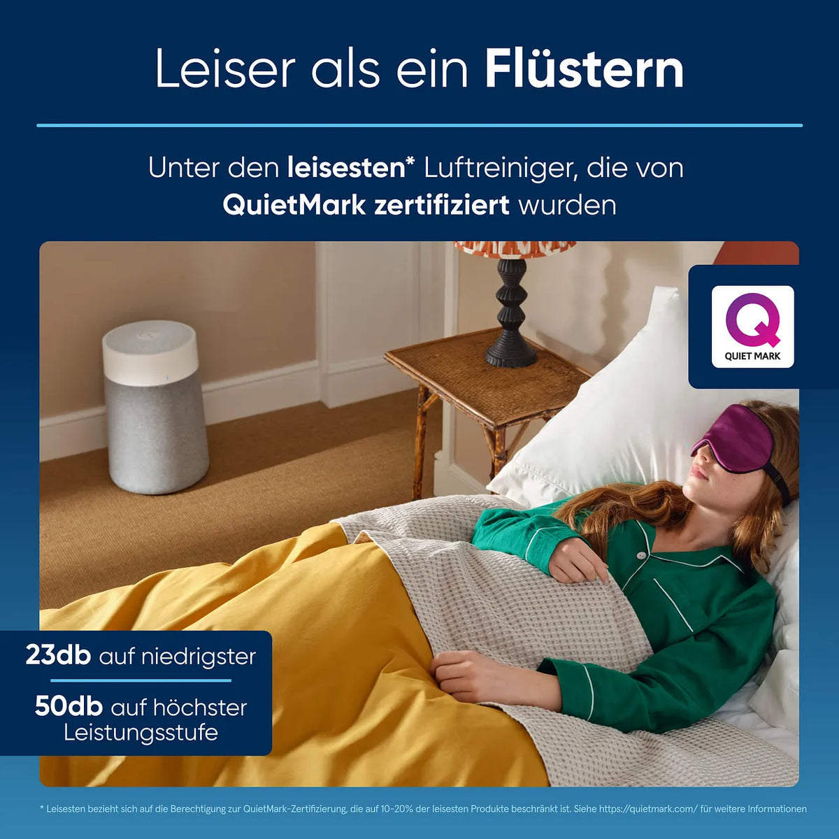 Grafik „Leiser als ein Flüstern“ zum Blueair Luftreiniger im Schlafzimmer, mit Quiet-Mark-Siegel und Dezibel-Angaben