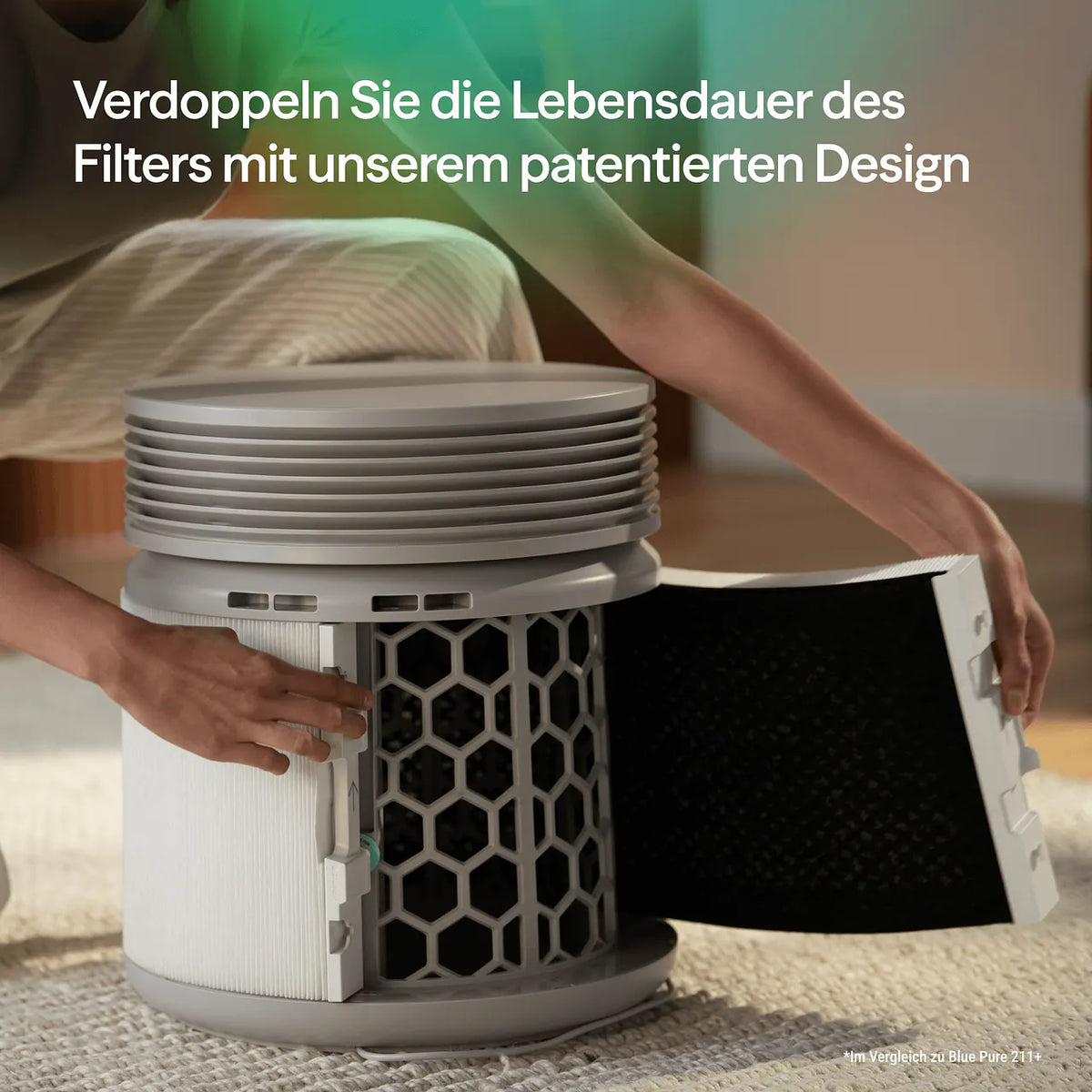 Hände setzen Blueair Blue Signature Ersatzfilter mit Wabenstruktur in Luftreiniger ein, Grafik zur Filterlebensdauer
