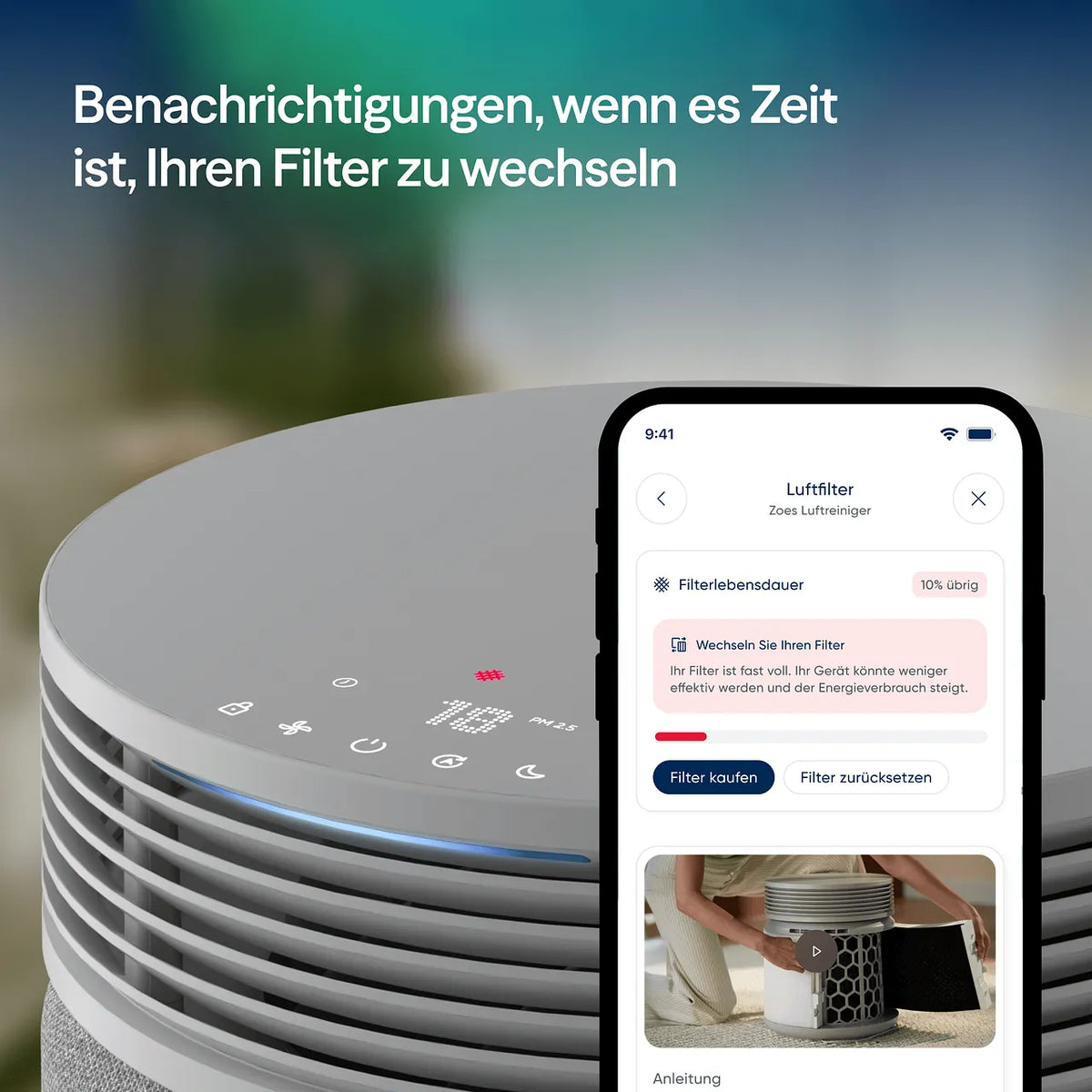 Luftreiniger-Bedienfeld mit App-Anzeige zur Filterlebensdauer und Hinweis zum Filterwechsel
