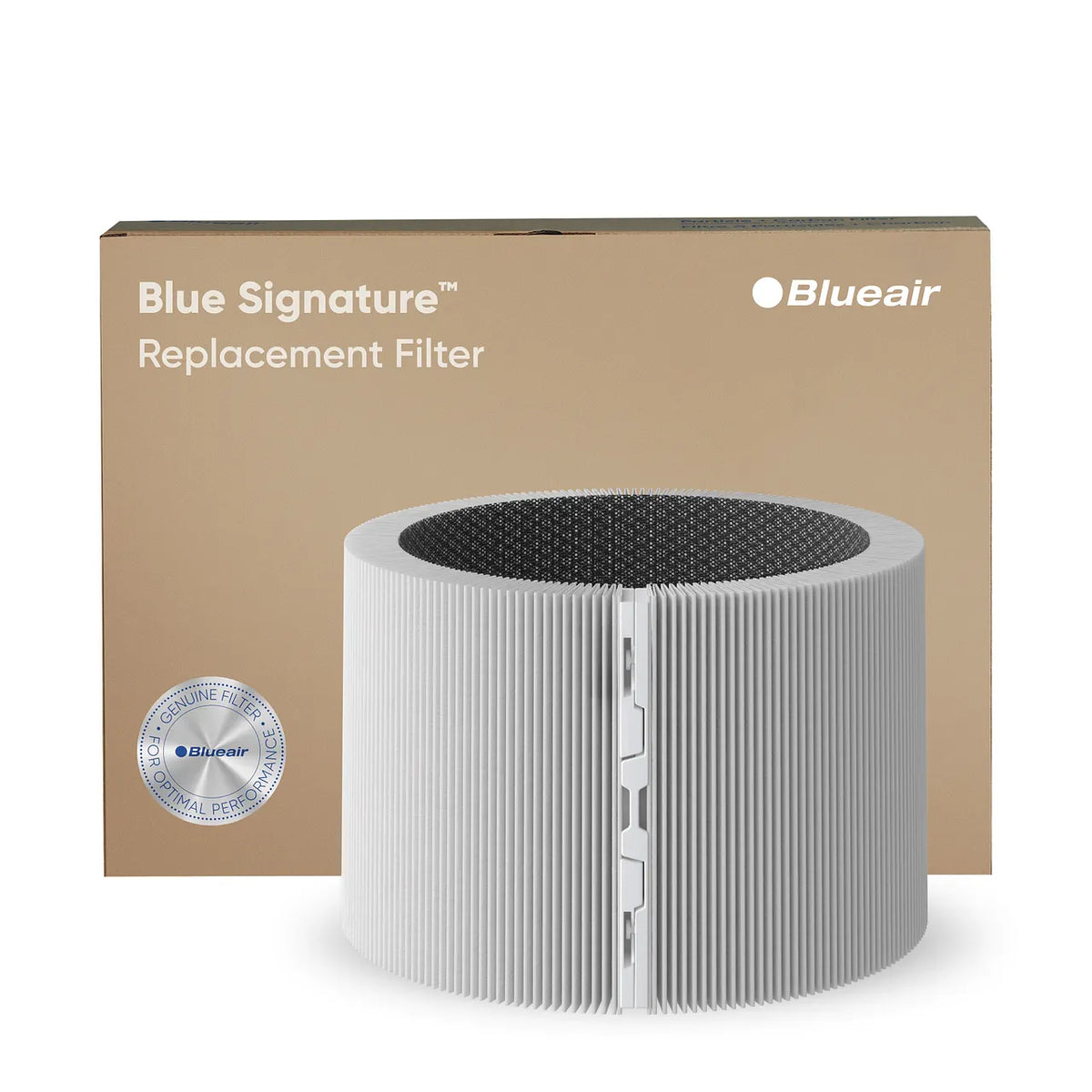 Blueair Blue Signature Ersatzfilter, gefalteter Rundfilter vor Verpackung mit Echtheitssiegel „Genuine Filter“