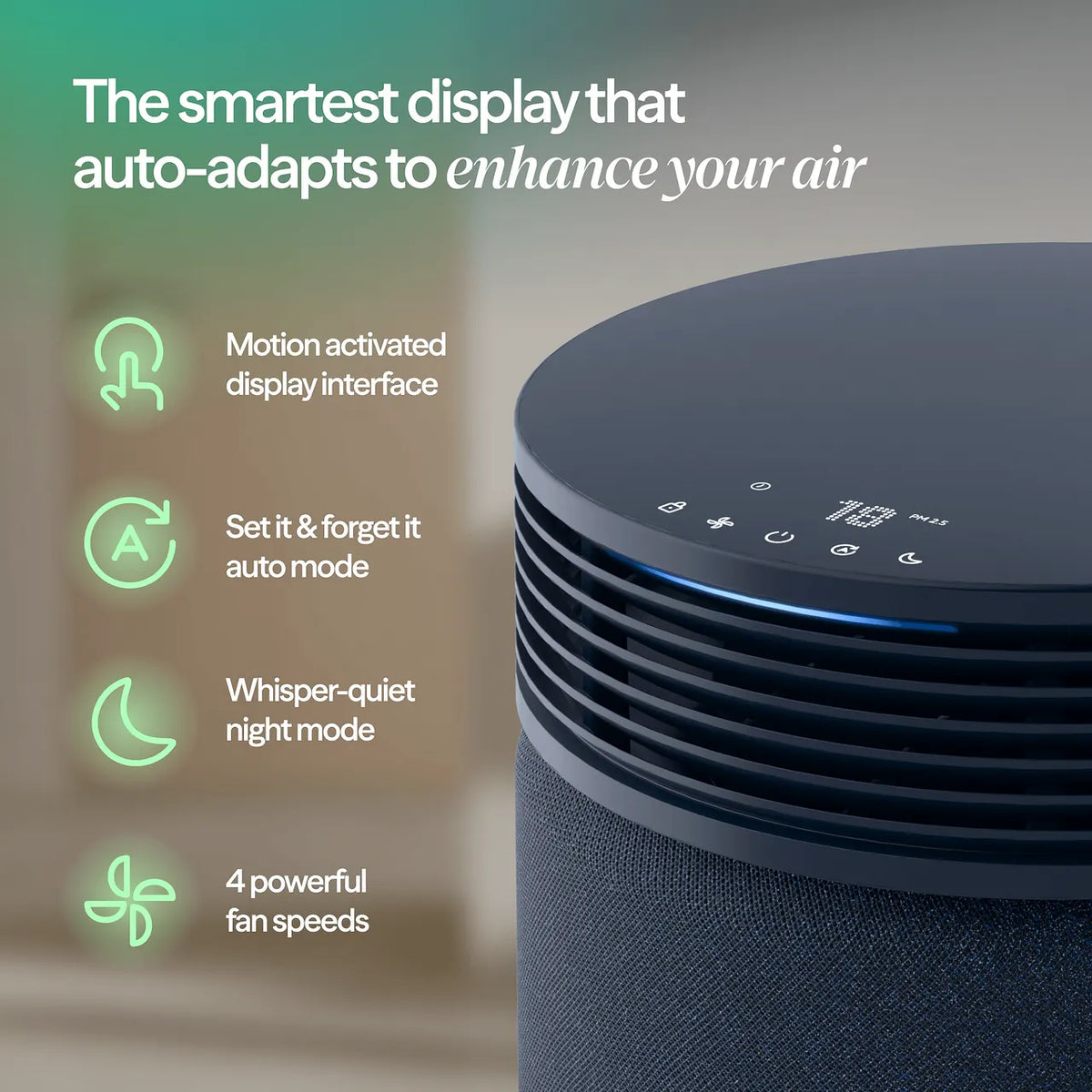 Blueair SP1i Luftreiniger, Nahaufnahme des Bedienfelds mit Icons zu Automodus, Nachtmodus und Lüfterstufen