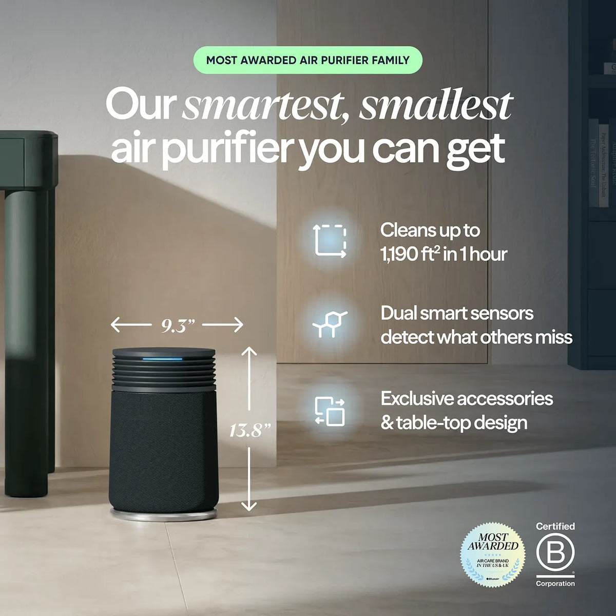 Blueair Blue Signature SP1i Luftreiniger, schwarz, mit Maßangaben 9,3 × 13,8 Zoll und Ausstattungsmerkmalen im Raum
