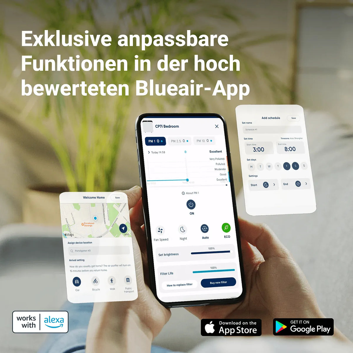 Smartphone-Screens der Blueair-App zeigen Luftqualität, Zeitplan-Einstellung und Standorterkennung für CP7i Luftreiniger