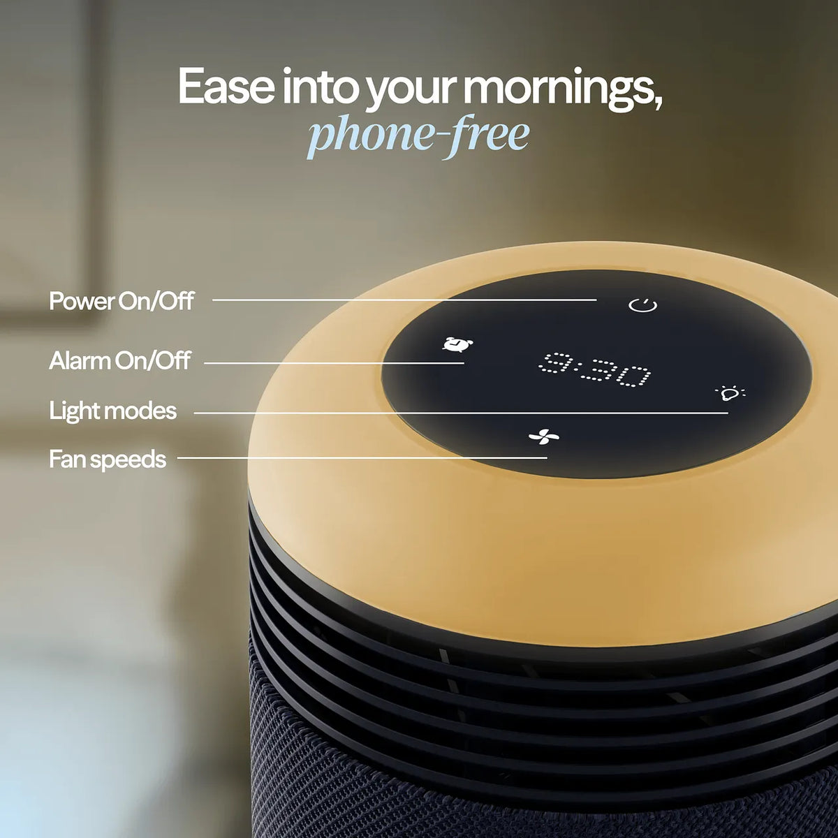 Blueair Mini Restful Lichtwecker-Luftreiniger mit Beschriftung der Bedienelemente Ein/Aus, Alarm, Lichtmodi und Lüfterstufen