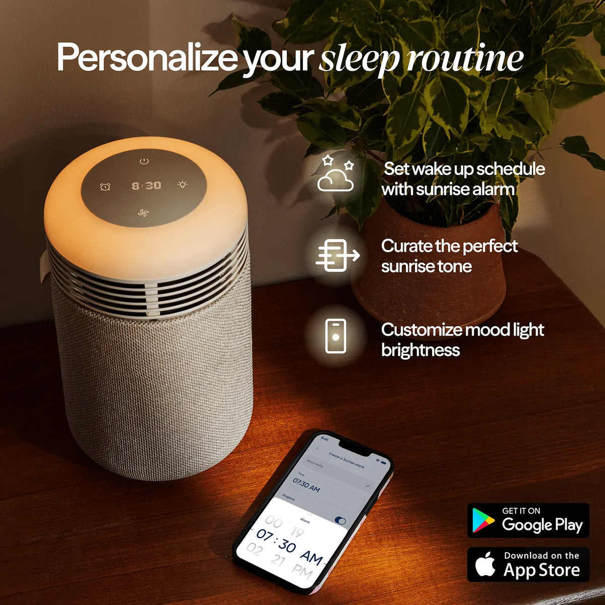 Blueair Mini Restful Luftreiniger mit Lichtwecker auf Nachttisch, Smartphone-App zeigt Weckzeit-Einstellung