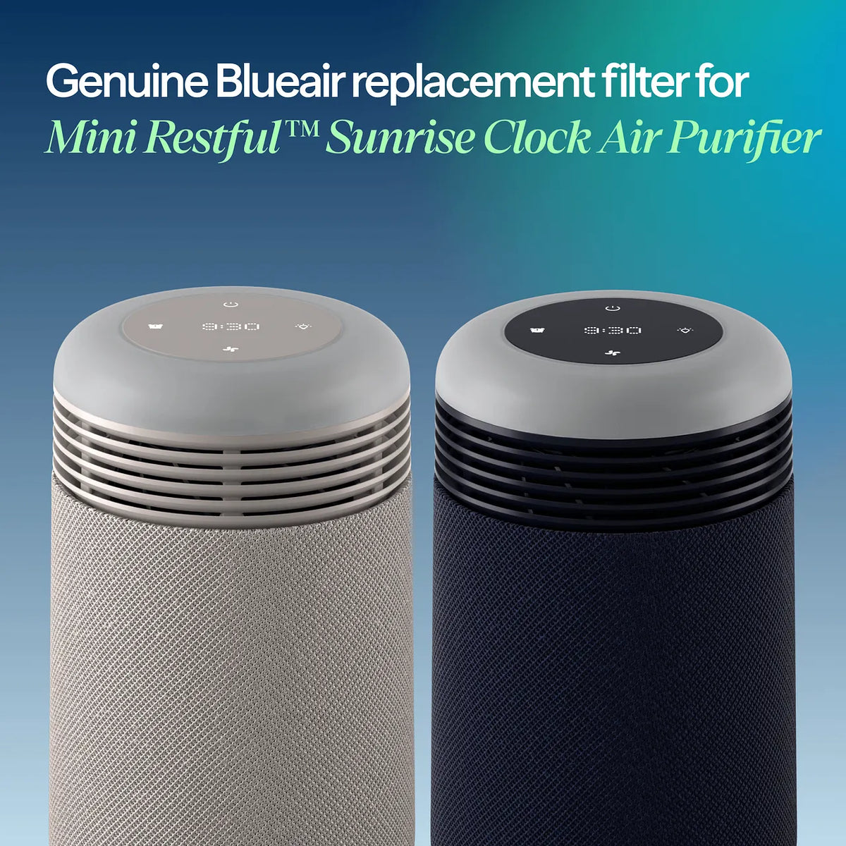 Blueair Mini Restful Luftreiniger in Grau und Dunkelblau mit Stoffbezug, Grafik zum Ersatzfilter