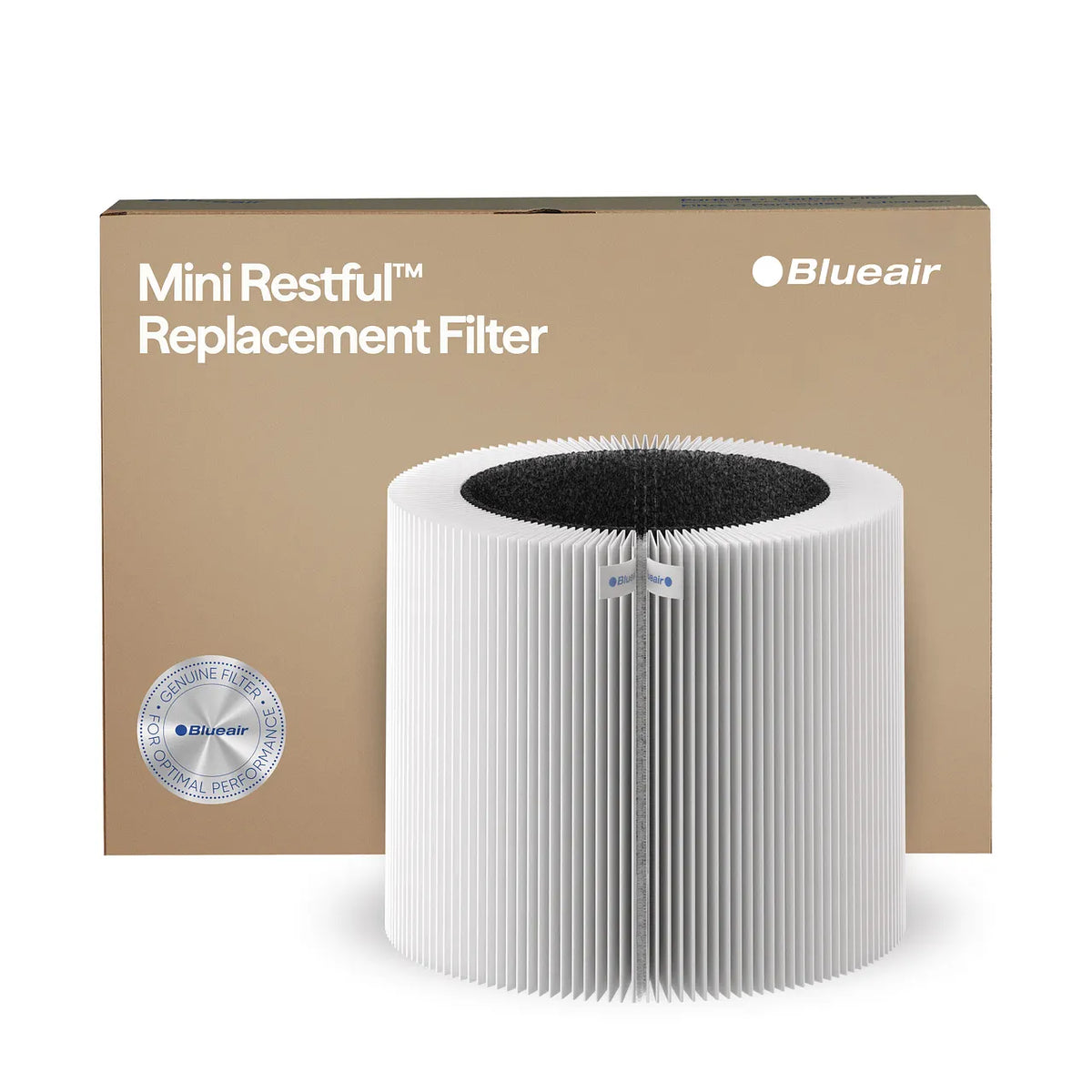 Blueair Mini Restful Ersatzfilter, gefalteter Rundfilter vor beiger Verpackung mit „Genuine Filter“-Siegel