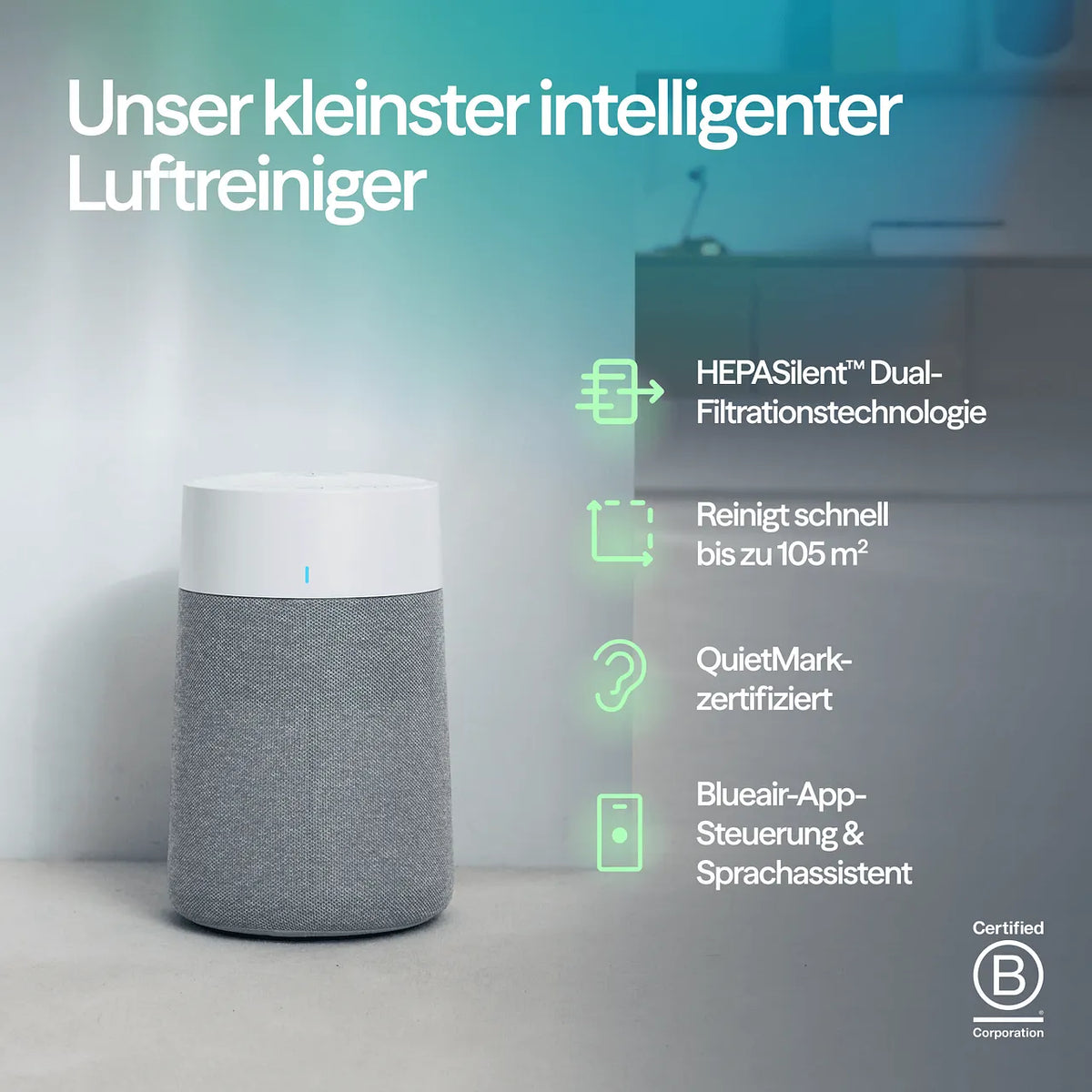 Blueair Luftreiniger mit grauem Stoffbezug, Grafik mit Funktionsmerkmalen und „Certified B Corporation“-Siegel